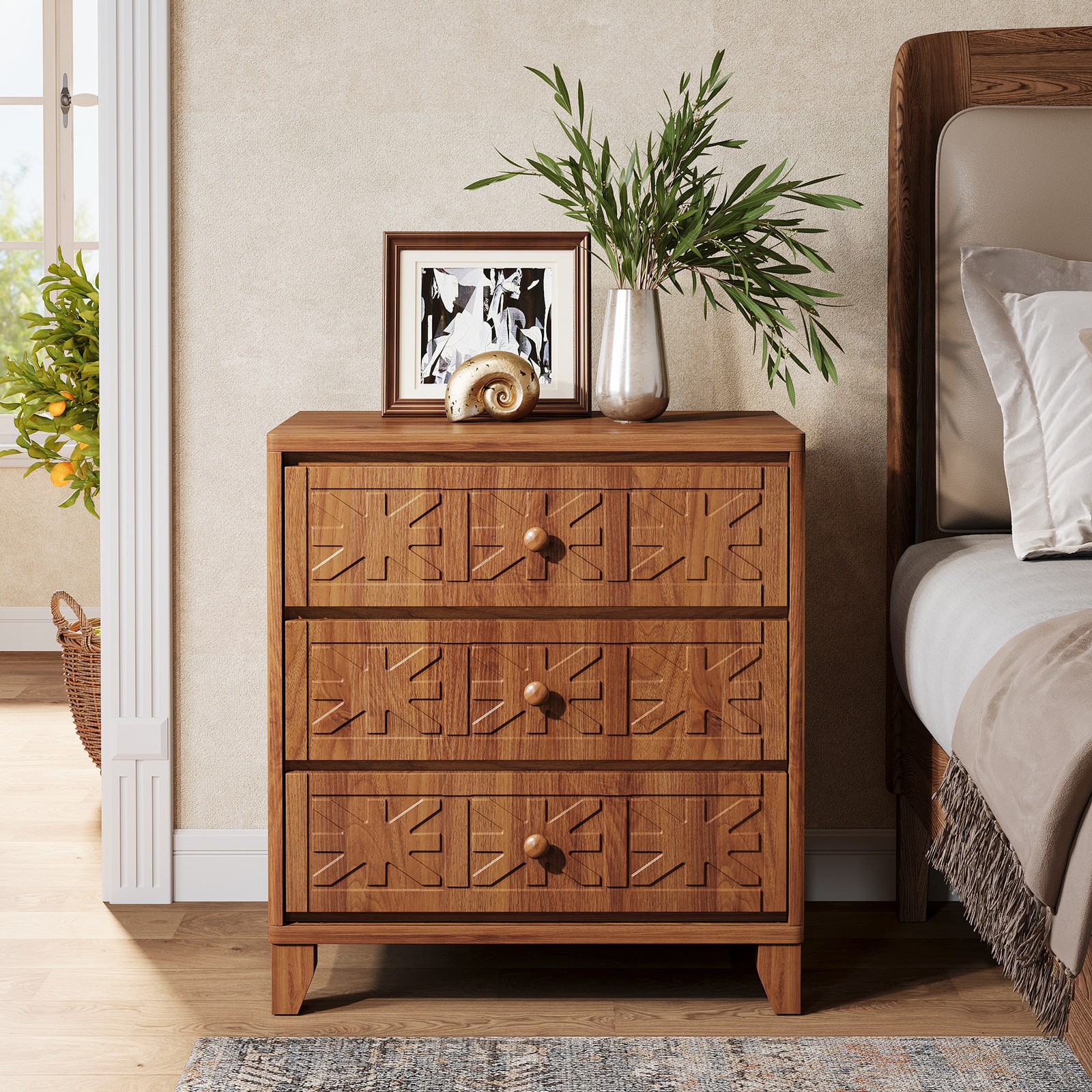Tribesigns Wooden Nightstand with 3 Drawers, Farmhouse Industrial Bedside Table
