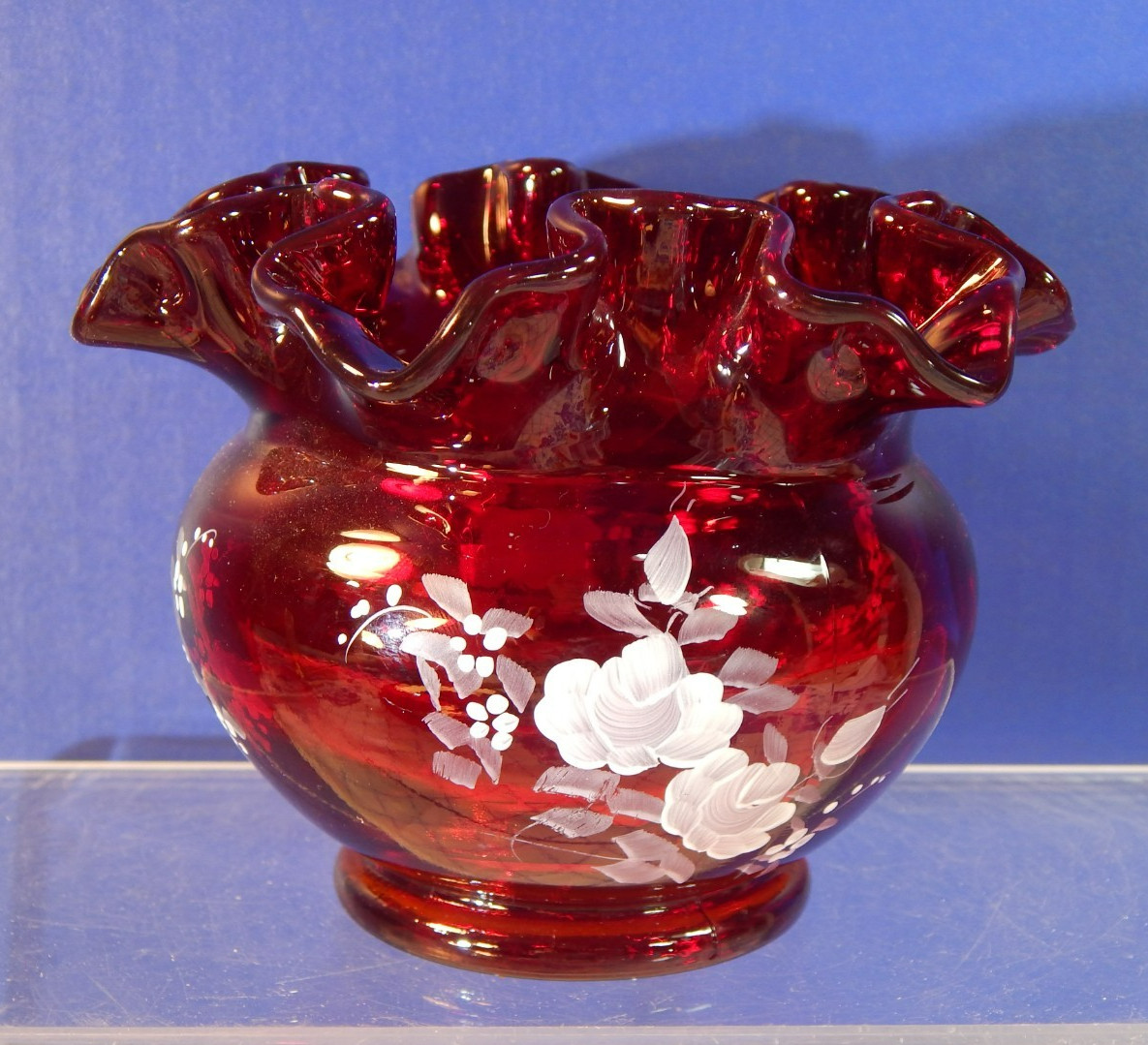 Vintage Hand Painted Signed Fenton Red Glass Ruffled Rim Vase 3.5\ Vintage Hand Painted Signed Fenton Red Glass Ruffled Rim Vase 3.5\