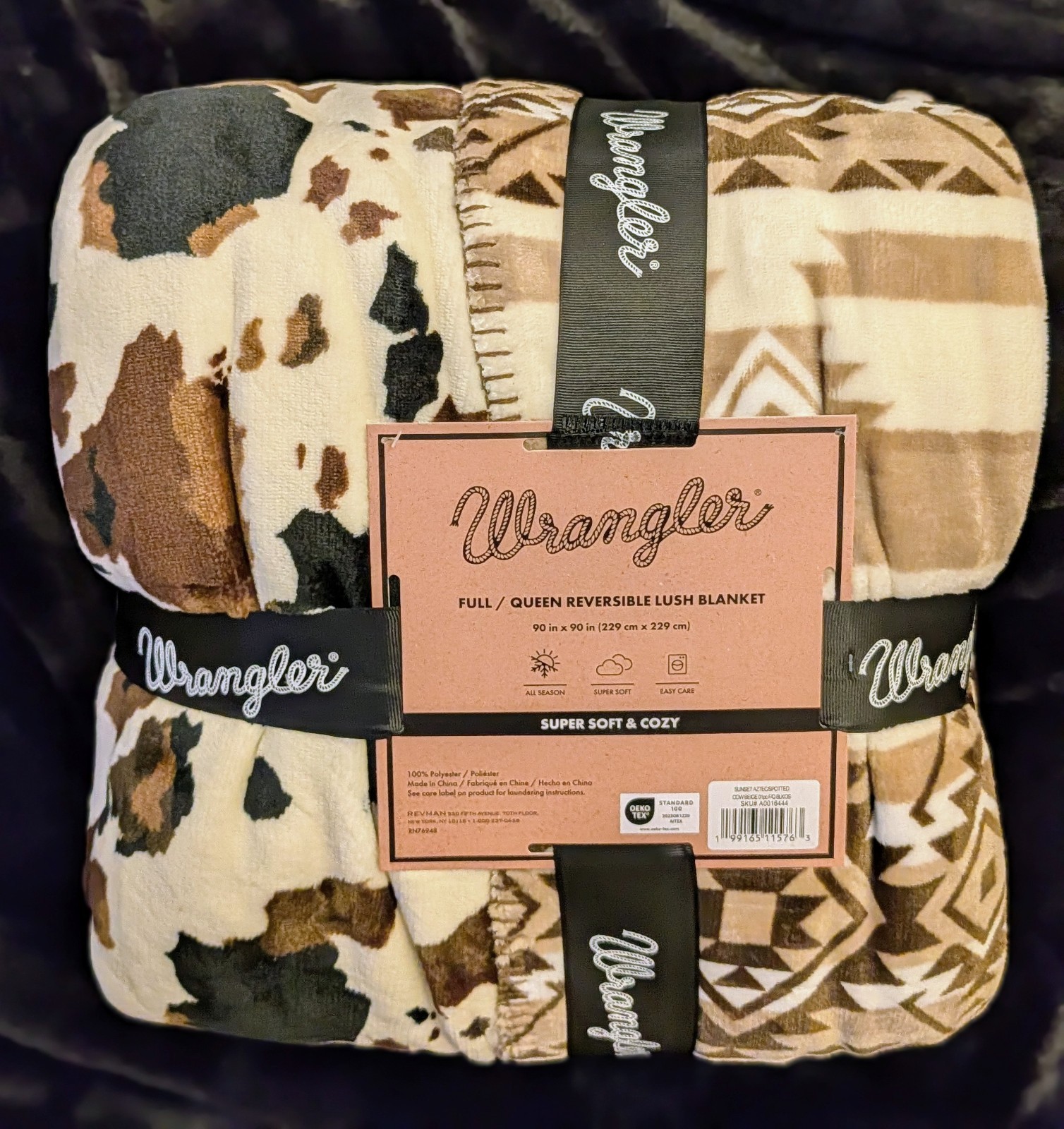 Wrangler Reversible Cow Print Aztec Cowboy Southwest Thick Comfy Q Blanket 90x90 Wrangler Reversible Cow Print Aztec Cowboy Southwest Thick Comfy Q Blanket 90x90
