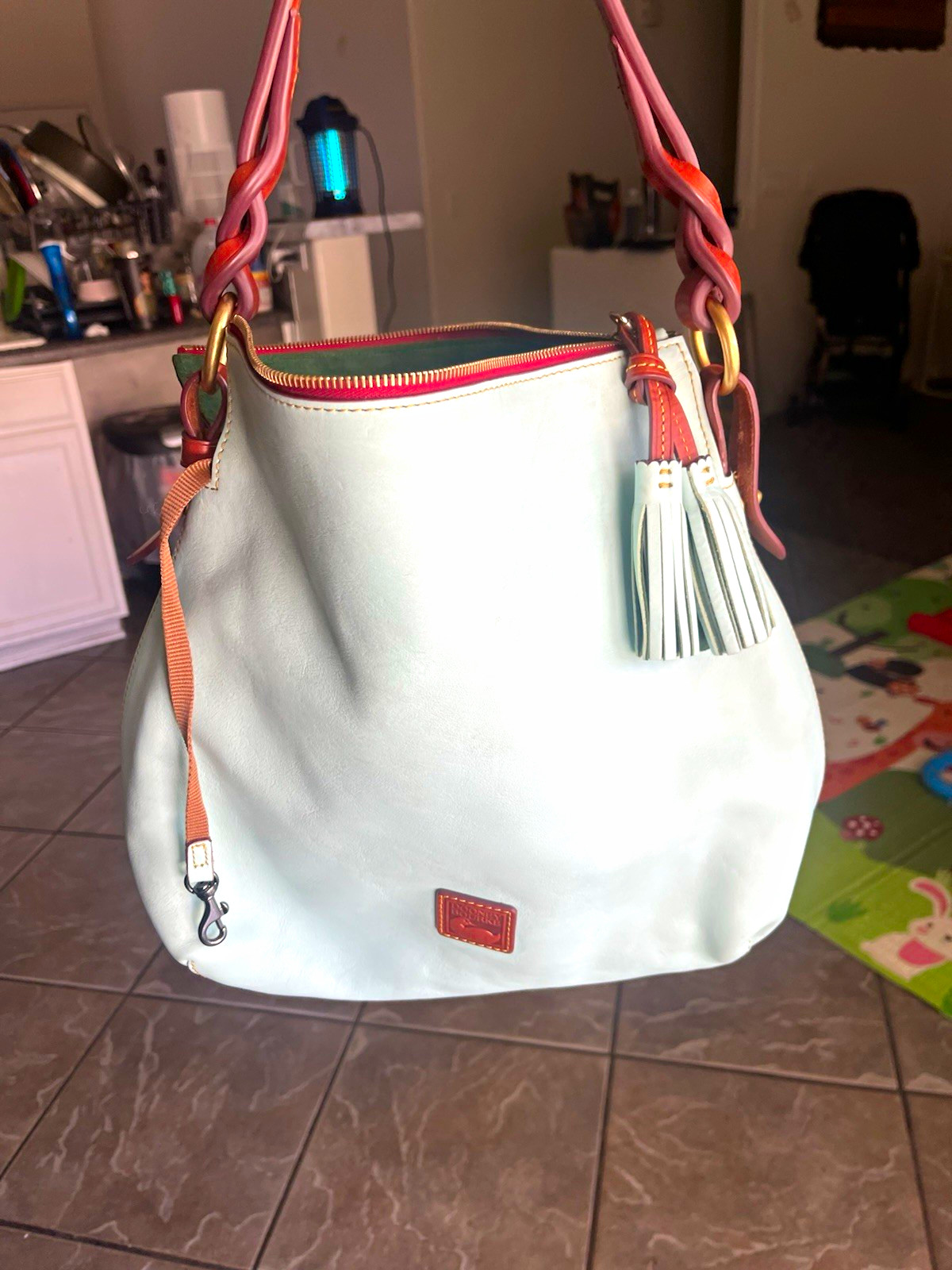 Dooney & Bourke Light Blue Medium Shoulder Bag Braided Strap Tassel Zip Gold Dooney & Bourke Light Blue Medium Shoulder Bag Braided Strap Tassel Zip Gold