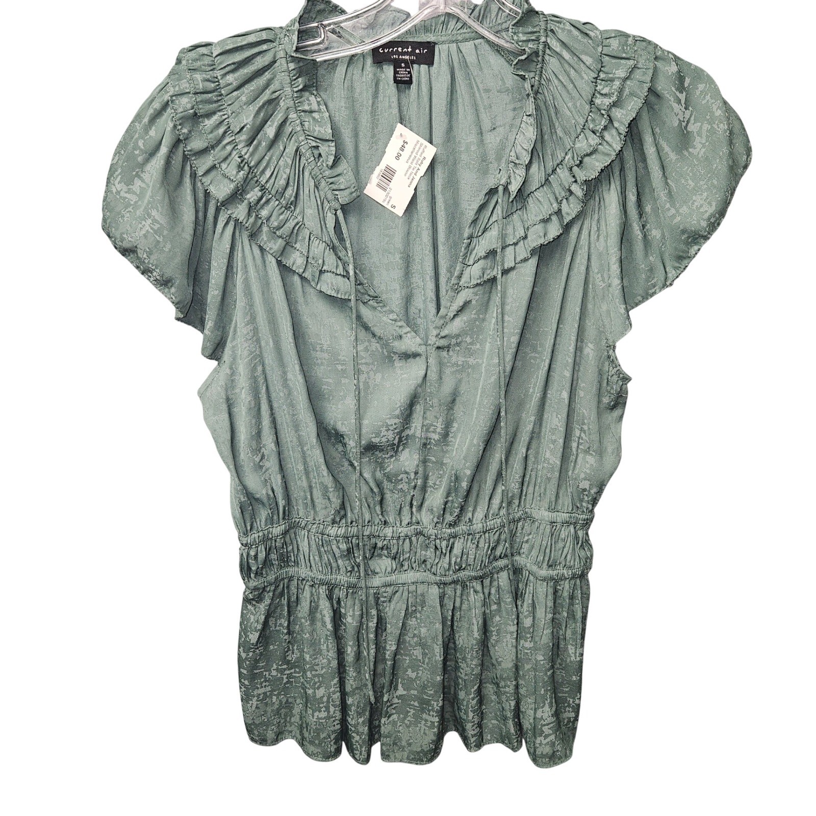 Current Air Los Angeles Sage Green Ruffle Peplum Blouse Smocked V-Neck Top Small