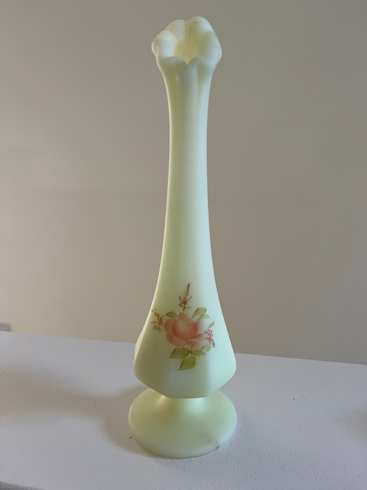 Fenton Uranium Custard Glass Bud Vase Signed CE Naus Handpainted Flowers