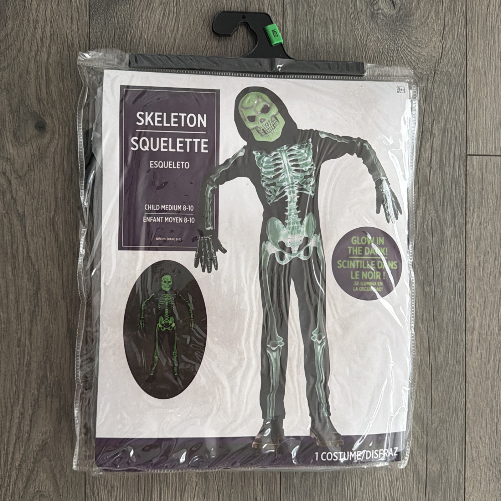 Halloween Childs Size MEDIUM 8-10 Skeleton Costume - NWT Glow in the Dark 4 Pc