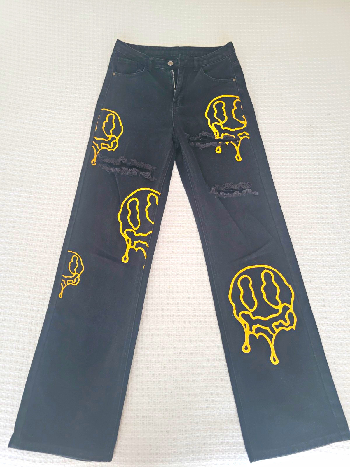 SHEIN Women\'s Black Wide Leg Denim Jeans Yellow Graphic Distressed Size S