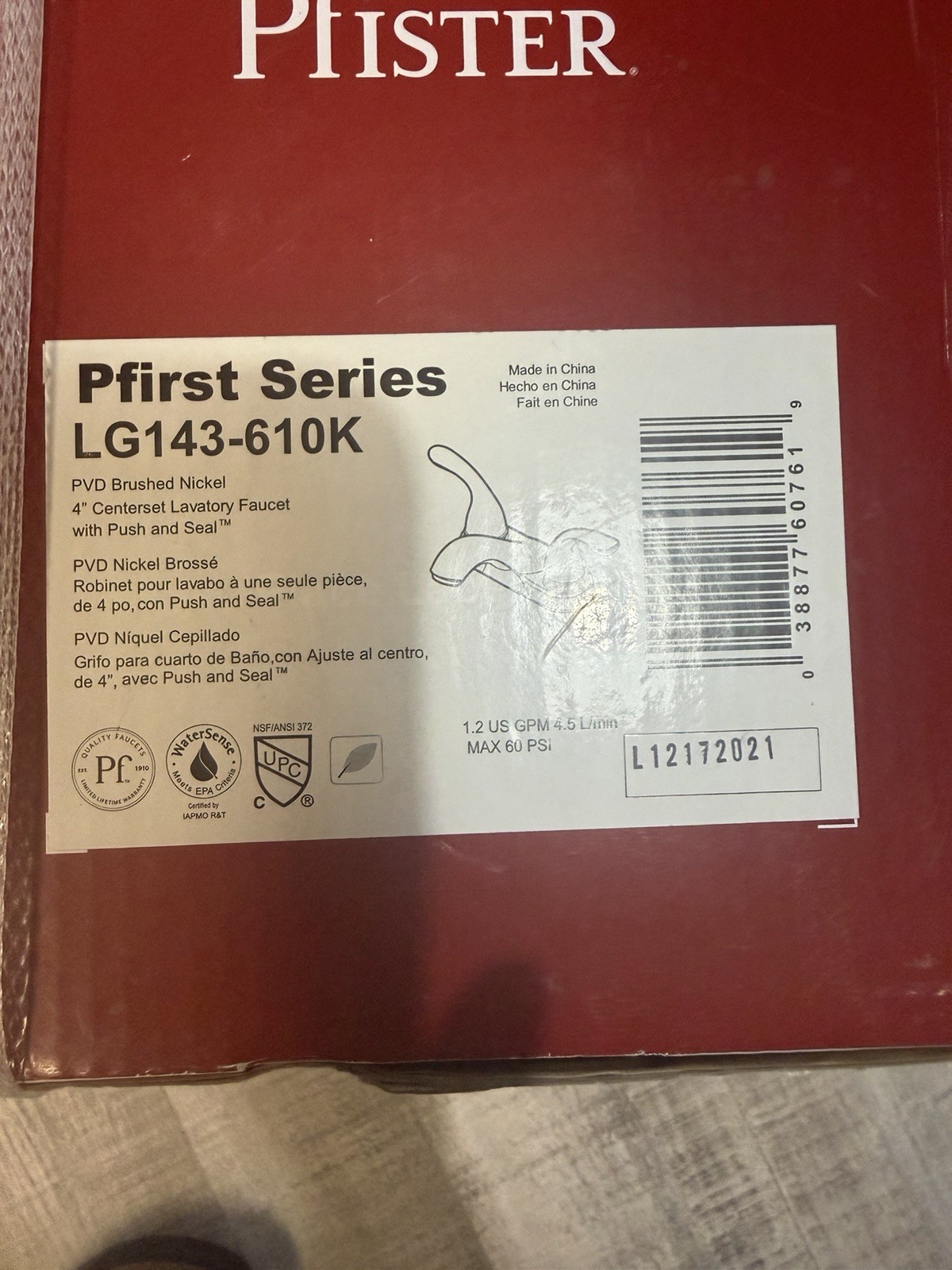 Pfister Pfirst Series LG143-610K Bathroom Faucet Brushed Nickel Factory Sealed