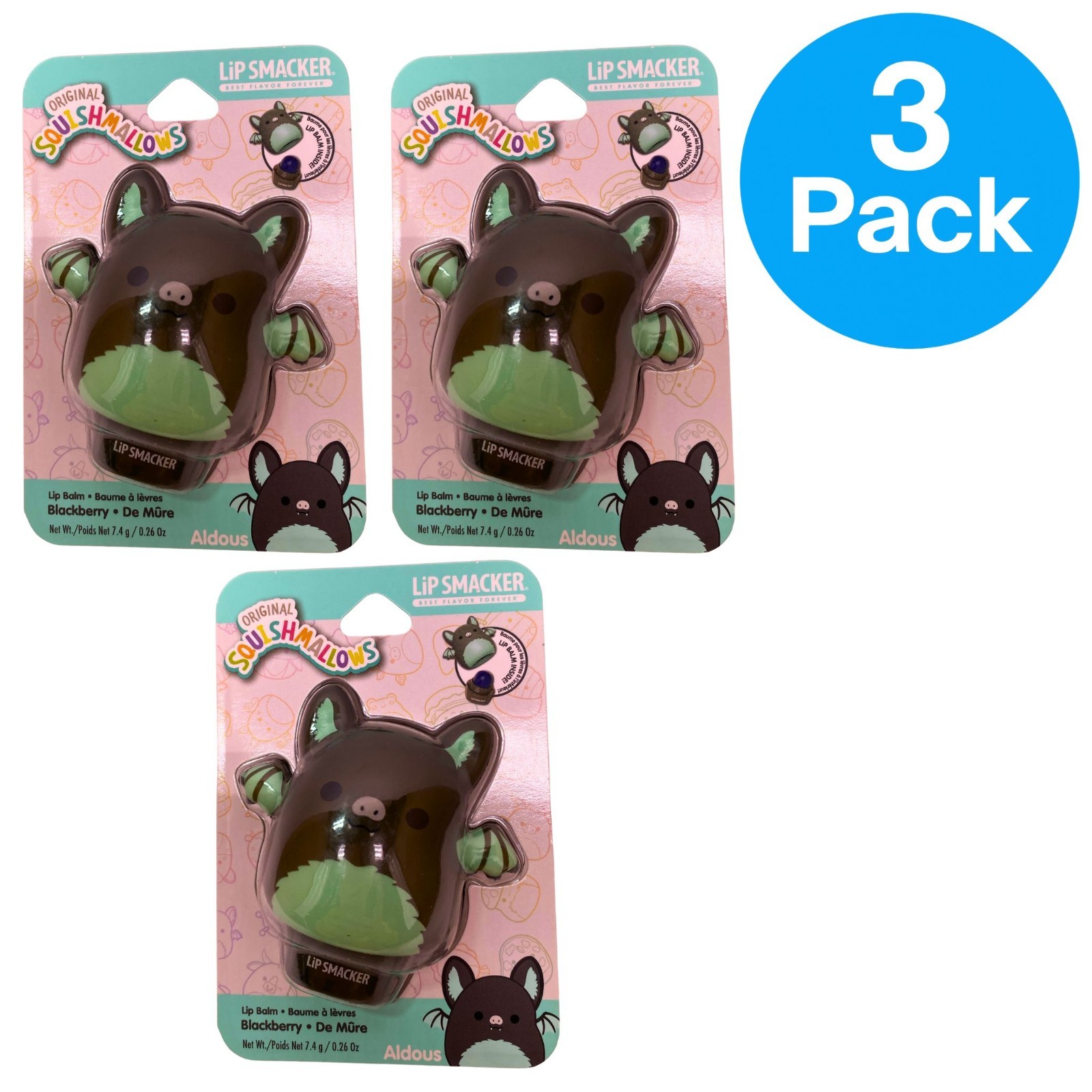 Lip Smacker Squishmallows Aldous the Fruit Bat Blackberry Lip Balm 0.26oz 3 Pack