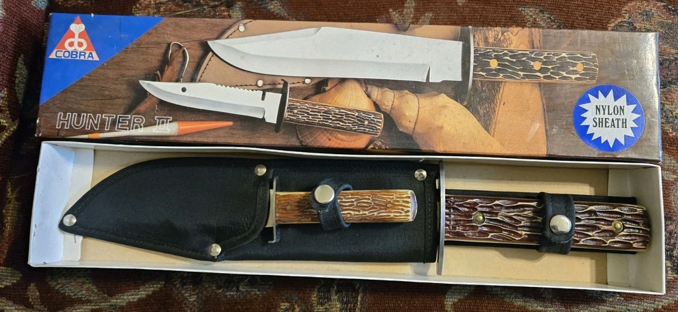 Vtg Tramontina 2 Pc Set Hunting Bowie Knife Stainless Brasil Faux Stag Sheath