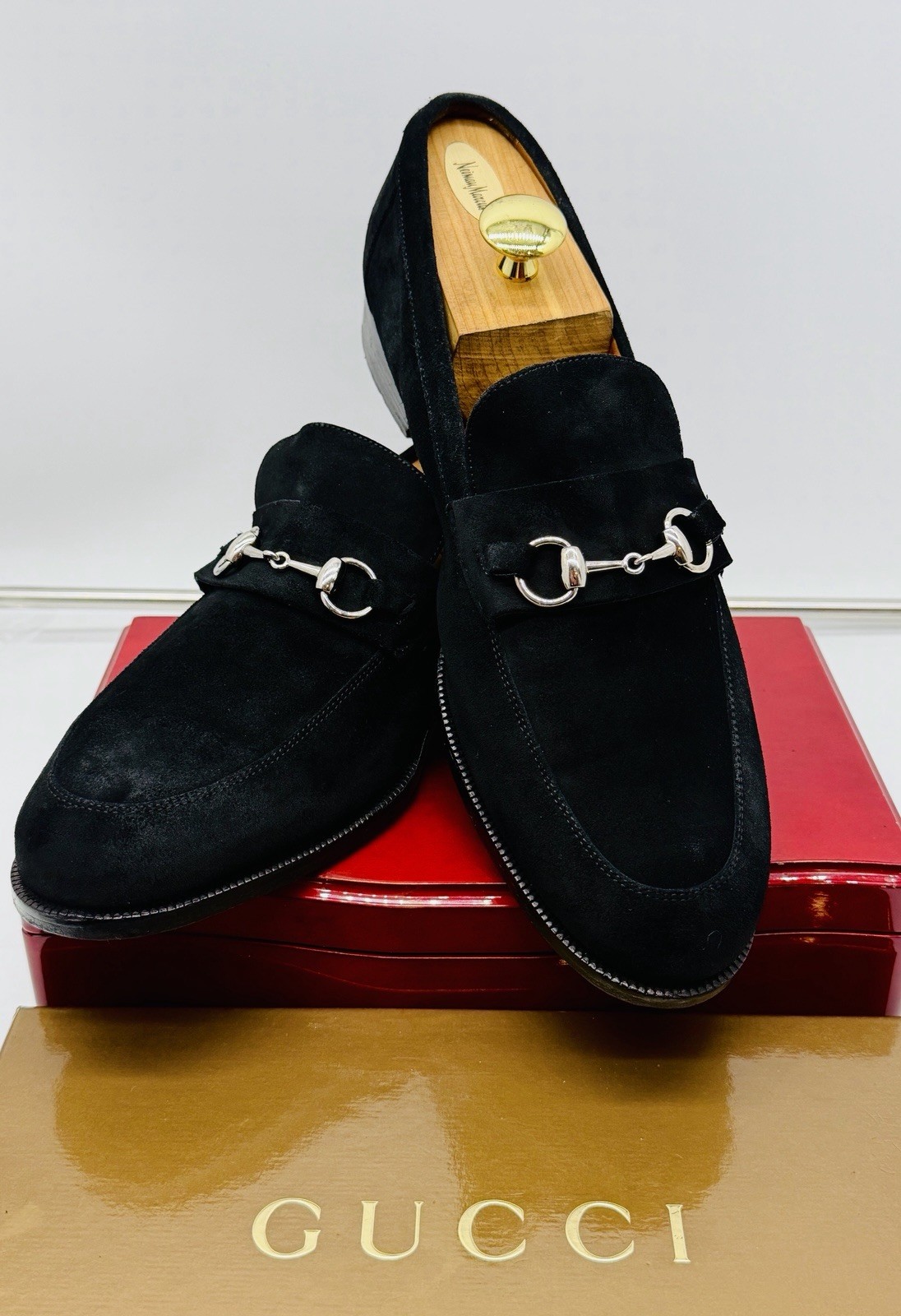 Gucci Mens Black Suede Loafers 14.5 Silver Horse Bit Leather Luxury Slip On Shoe