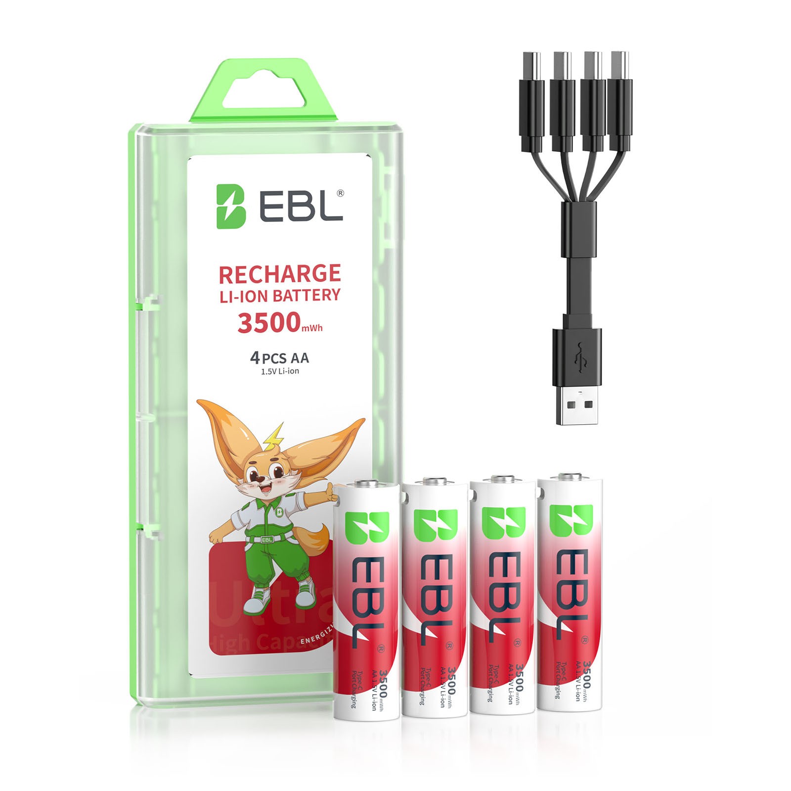 EBL Rechargeable 1.5V AA Lithium Batteries 3500mWh /USB Cable Li-ion Battery Lot
