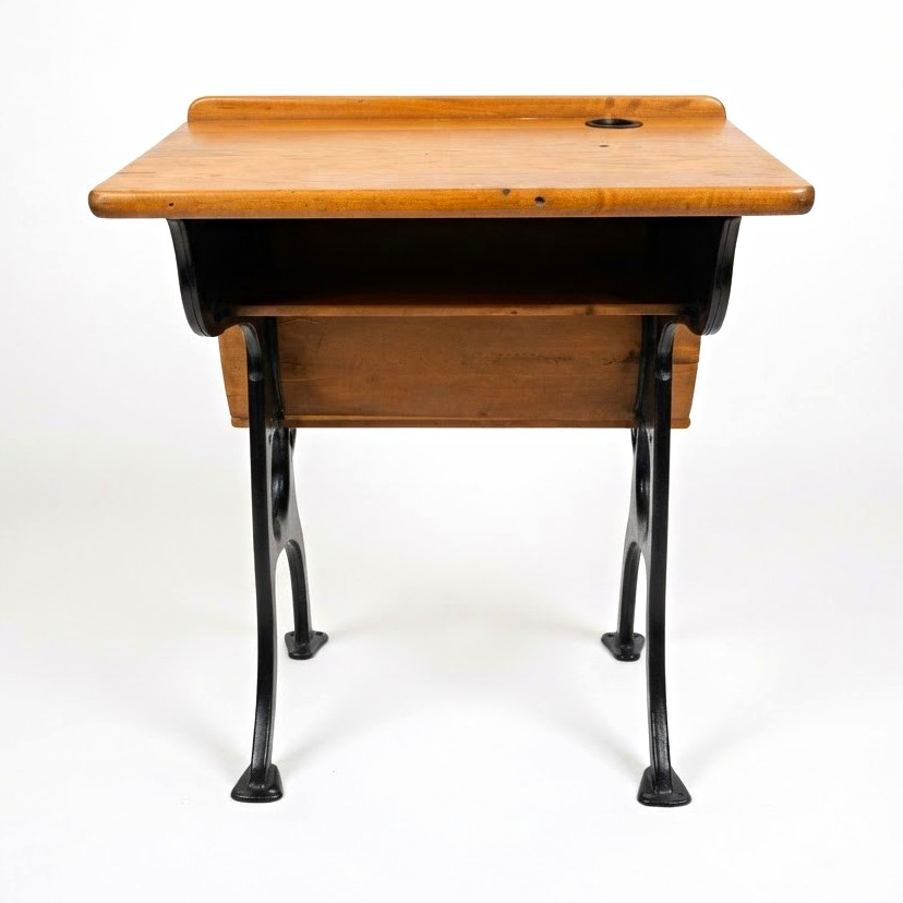 W.H. Gunlocke Antique School Desk w/ Attached Seat Maple, Cast Iron 25x21x27