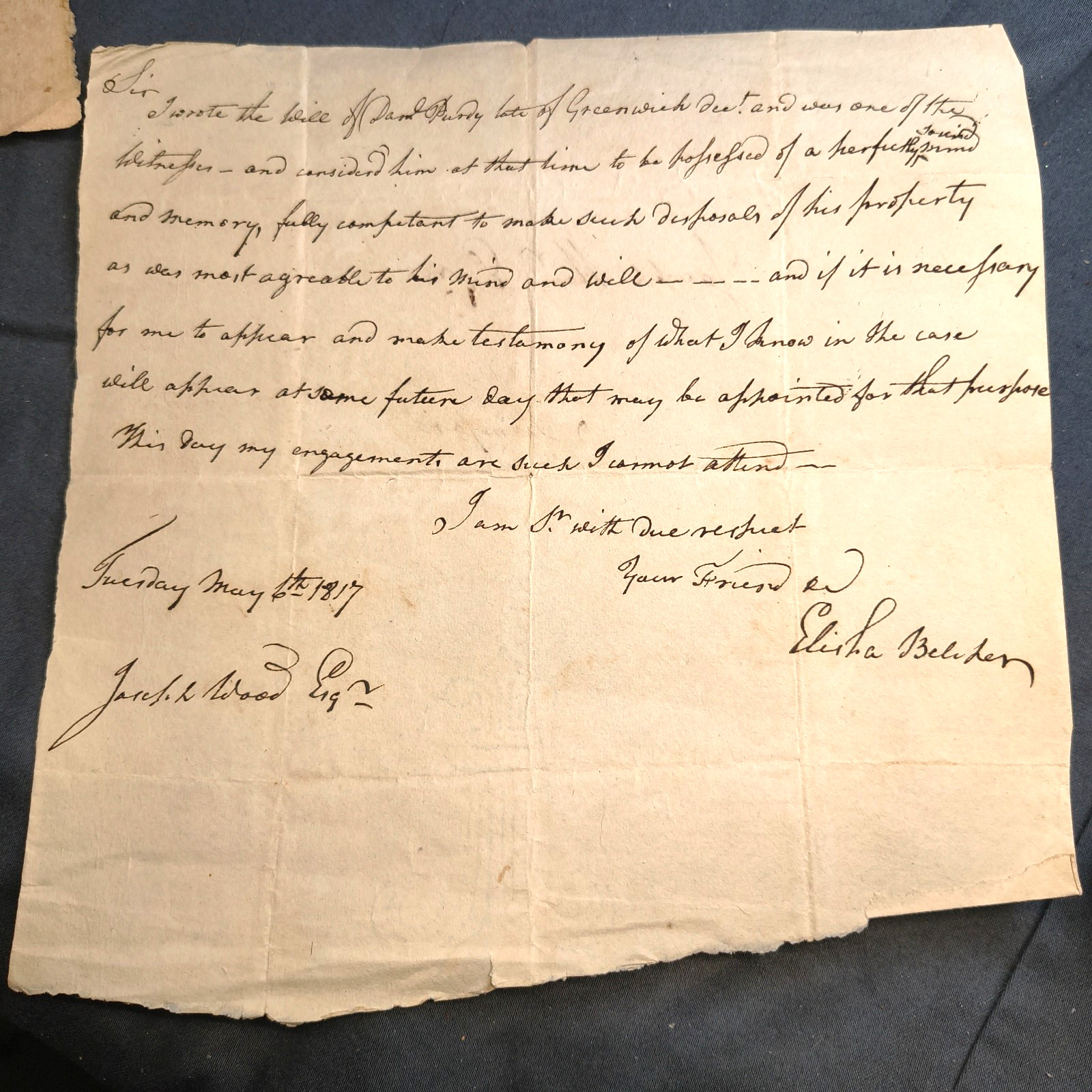 1817 Greenwich CT Probate Letter Dr Elisha Belcher Rev War Surgeon David Purdy 1817 Greenwich CT Probate Letter Dr Elisha Belcher Rev War Surgeon David Purdy