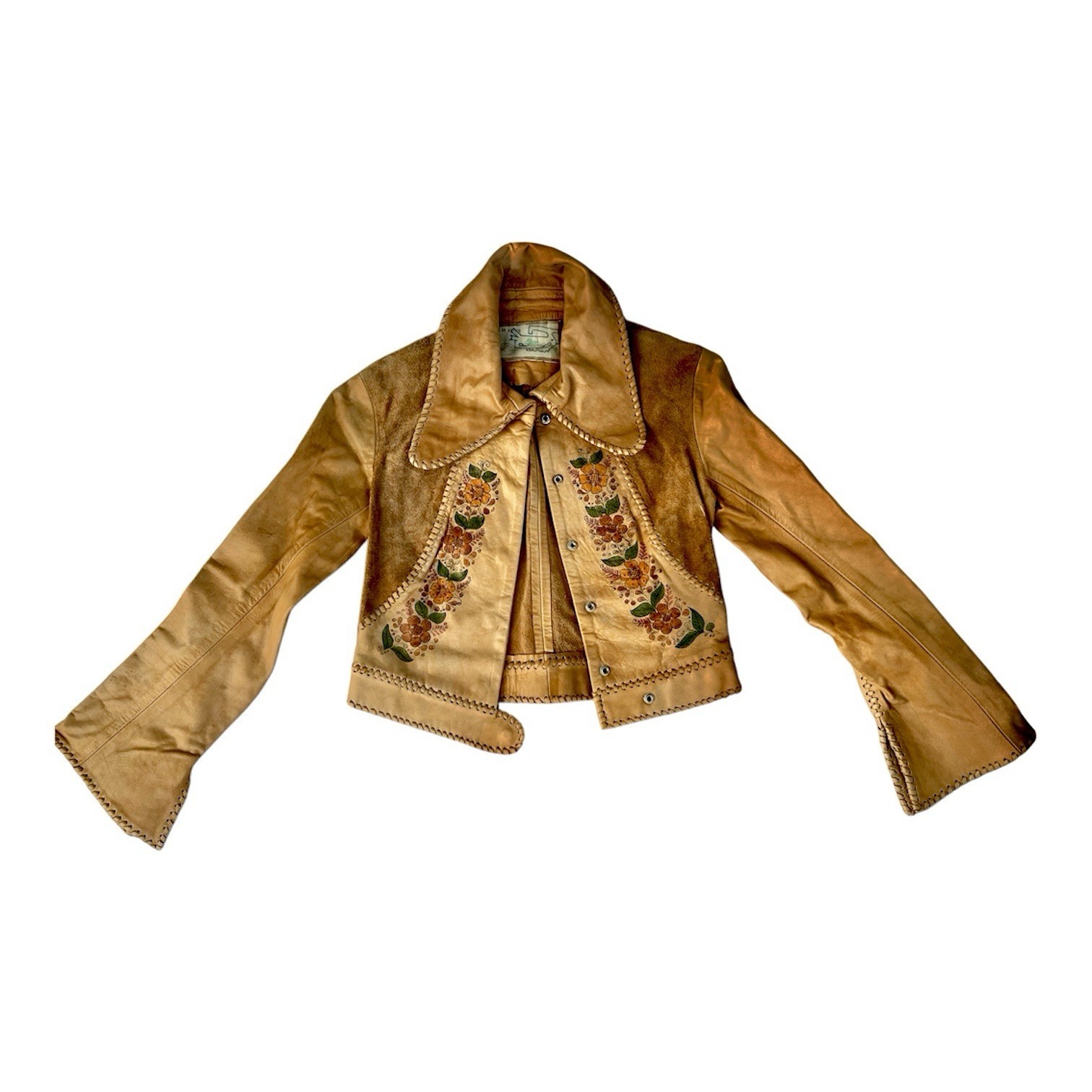 Vintage 70s CHAR Hand Painted Leather Suede Jacket Whipstitch Floral Boho XS 6