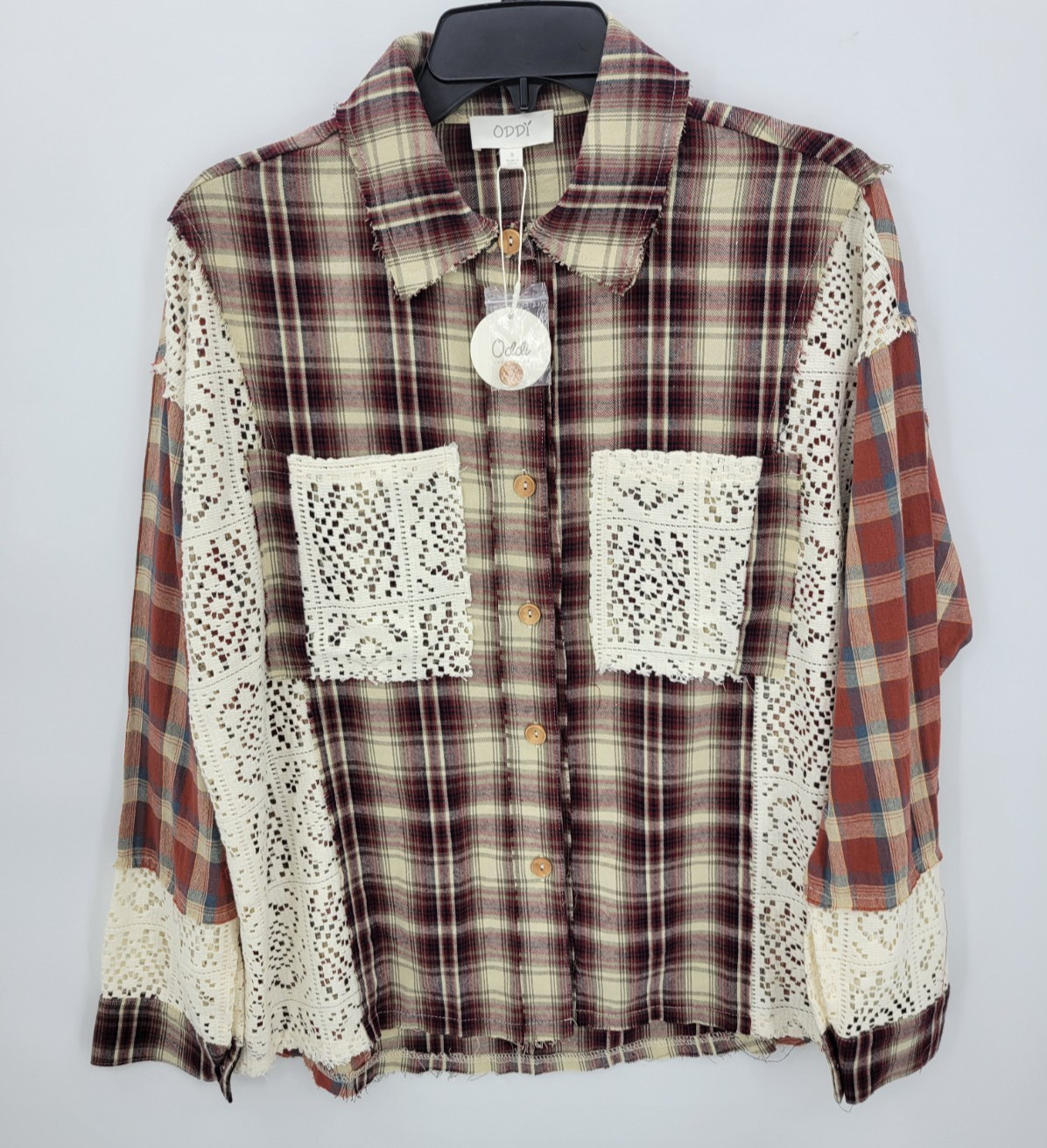 Oddy Anthropologie Top Small Oversized Mixed Plaid Lace Button Up Boho Artsy