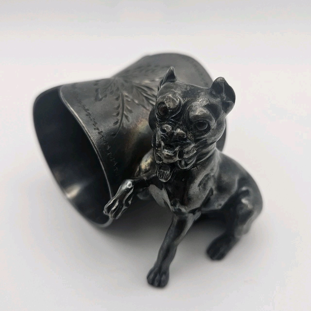 Antique c1880 Derby Silver Co Figural Dog Napkin Ring Glass Eyes 382 Pug Vintage