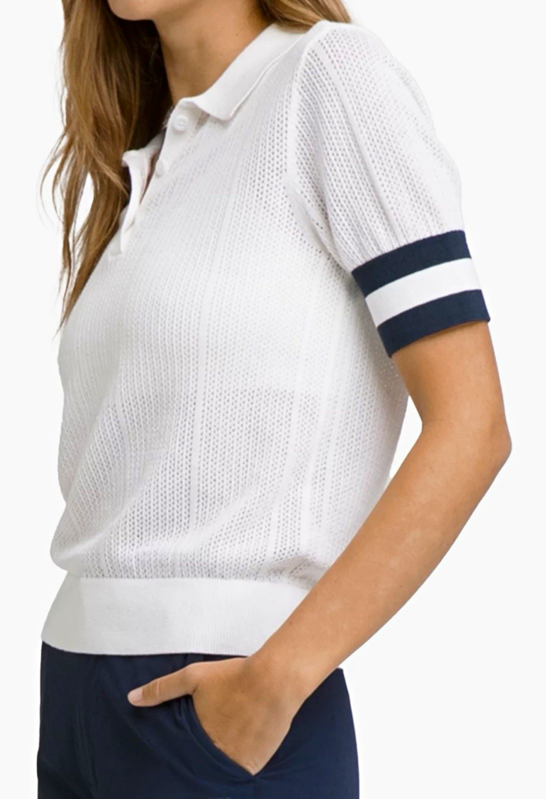Wilson Women\'s White Knit Breathable Polo Blue Stripe Sleeves Collared M Wilson Women\'s White Knit Breathable Polo Blue Stripe Sleeves Collared M