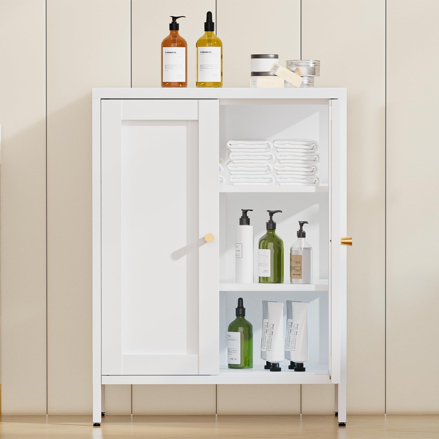 Cofar Bathroom Floor Cabinet,Metal Storage Cabinet,2 Adjustable Shelves For Home