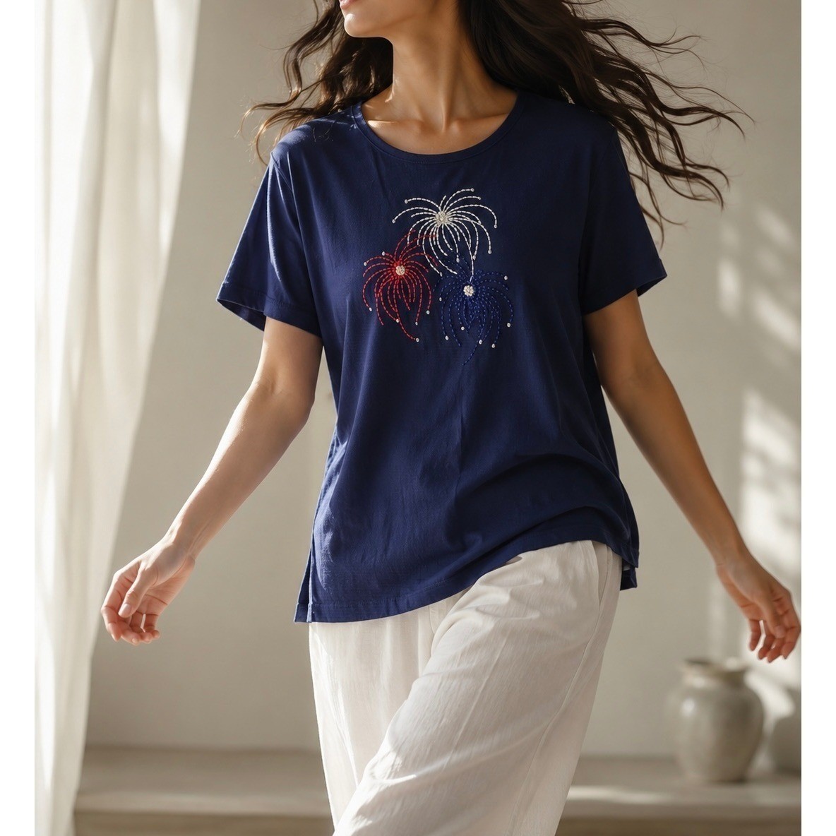 C.B. Casual Petite Navy Blue Firework Embroidered Cotton T-Shirt PXXL 4th July