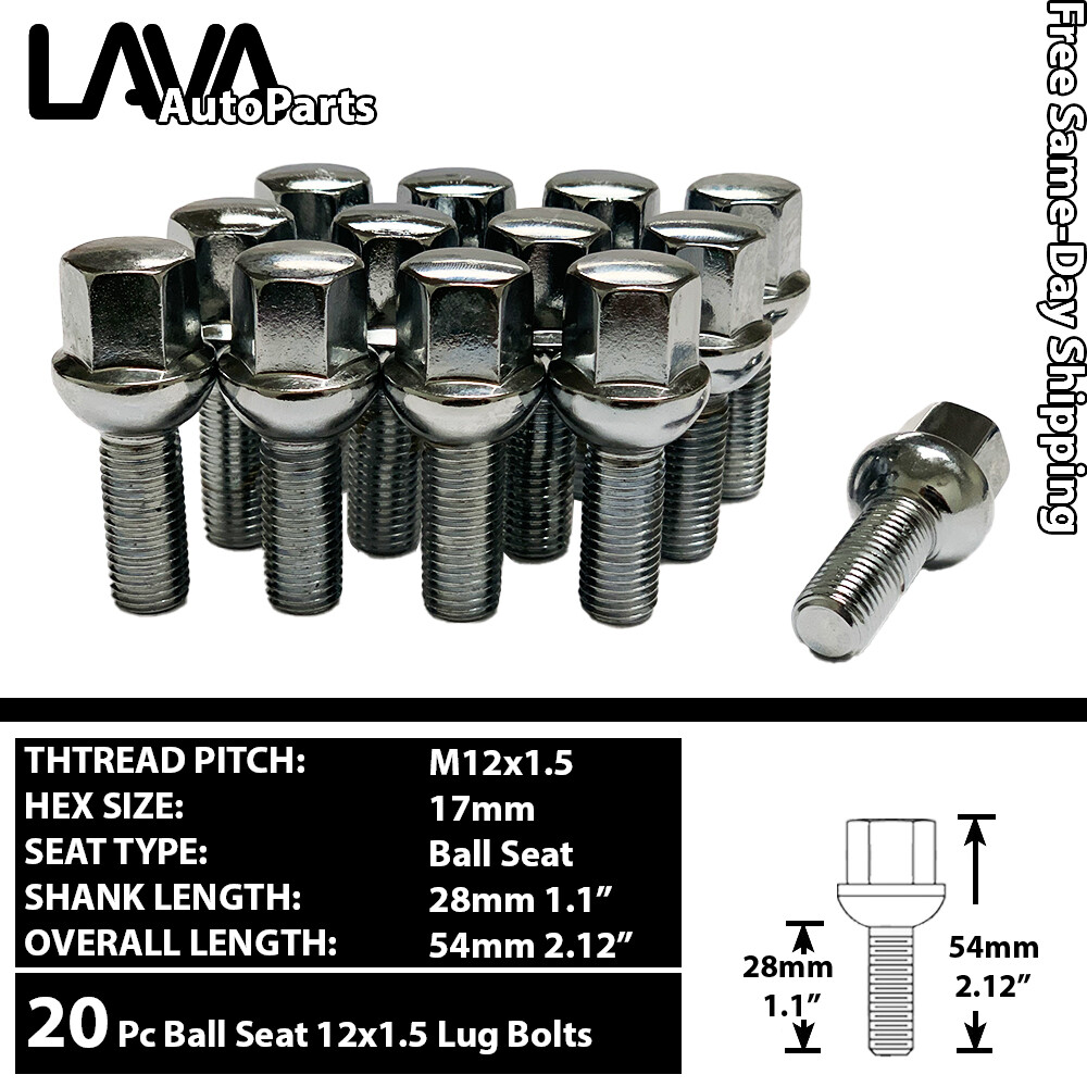 20PC CHROME 12X1.5 BALL SEAT LUG BOLT 28MM/40MM SHANK FIT MERCEDES STOCK WHEEL