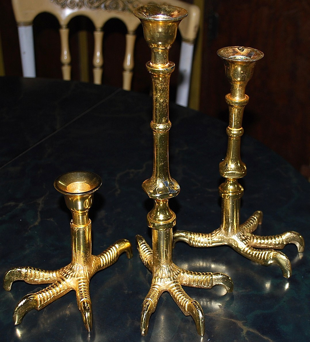 Vtg Set 3 FIGURAL BRASS RAVEN/EAGLE CLAW FEET Candlestick Holders 11.25\