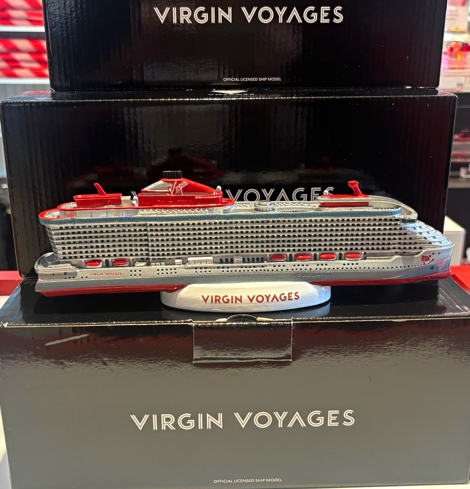 Virgin Voyages Brilliant Lady Ship Model w/ Stand Pre-Built Boxed Silver Red