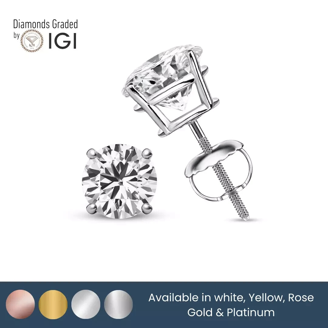 IGI 2.00-6.00 Carat D/E VVS2 Round Cut Lab Grown Diamond Stud Earrings 14K Gold