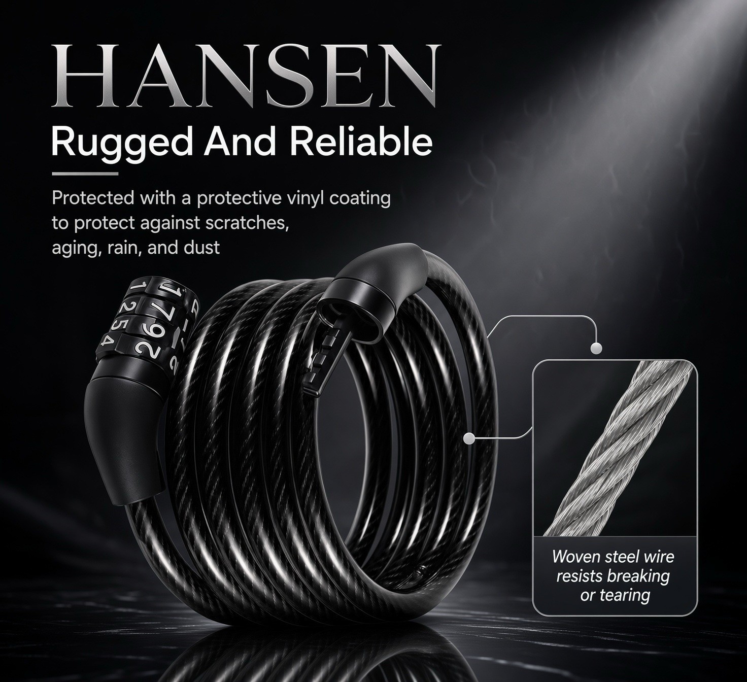 Hansen Heavy-Duty Black Bike Lock Cable with Combination