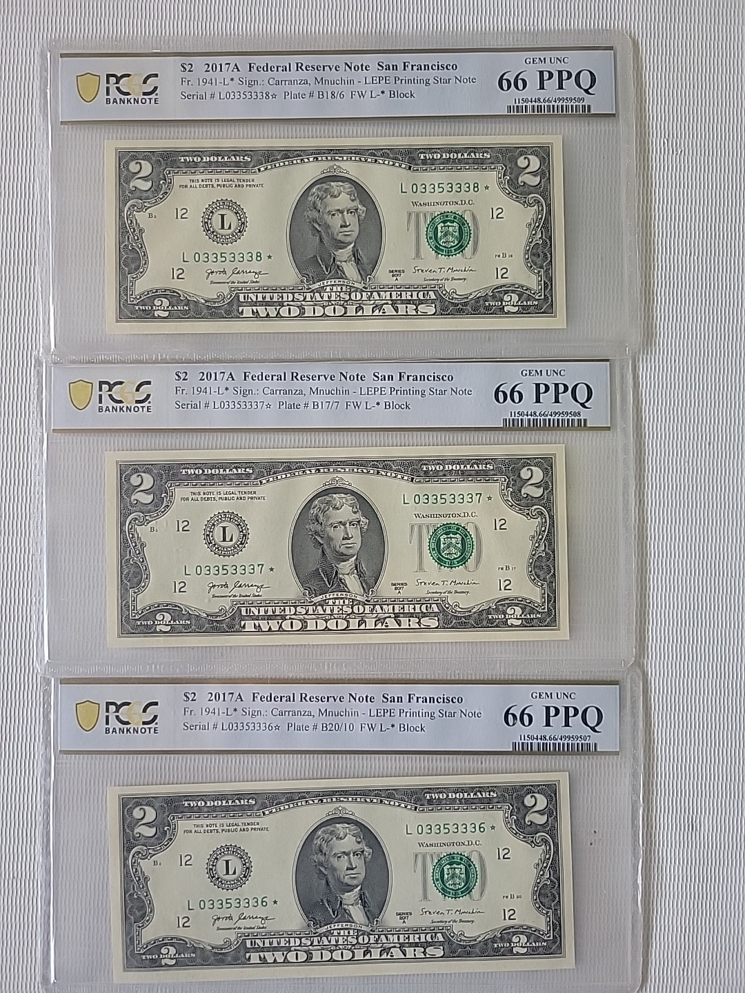 3 Sequential Uncirculated 2017A San Francisco $2 Two Dollar Bills