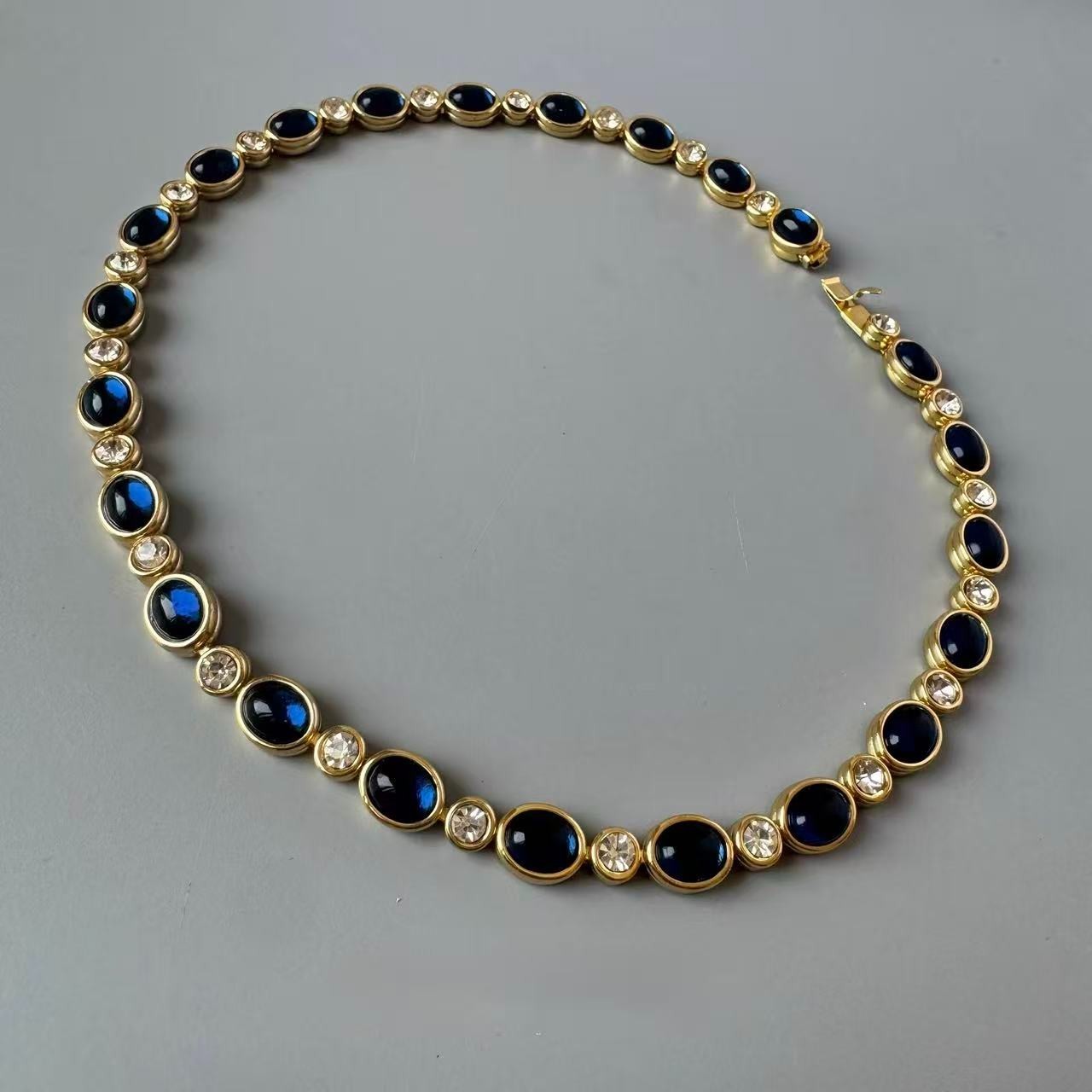 Vintage Sapphire Blue Cabochon Necklace Gold Statement Estate Jewelry Gift