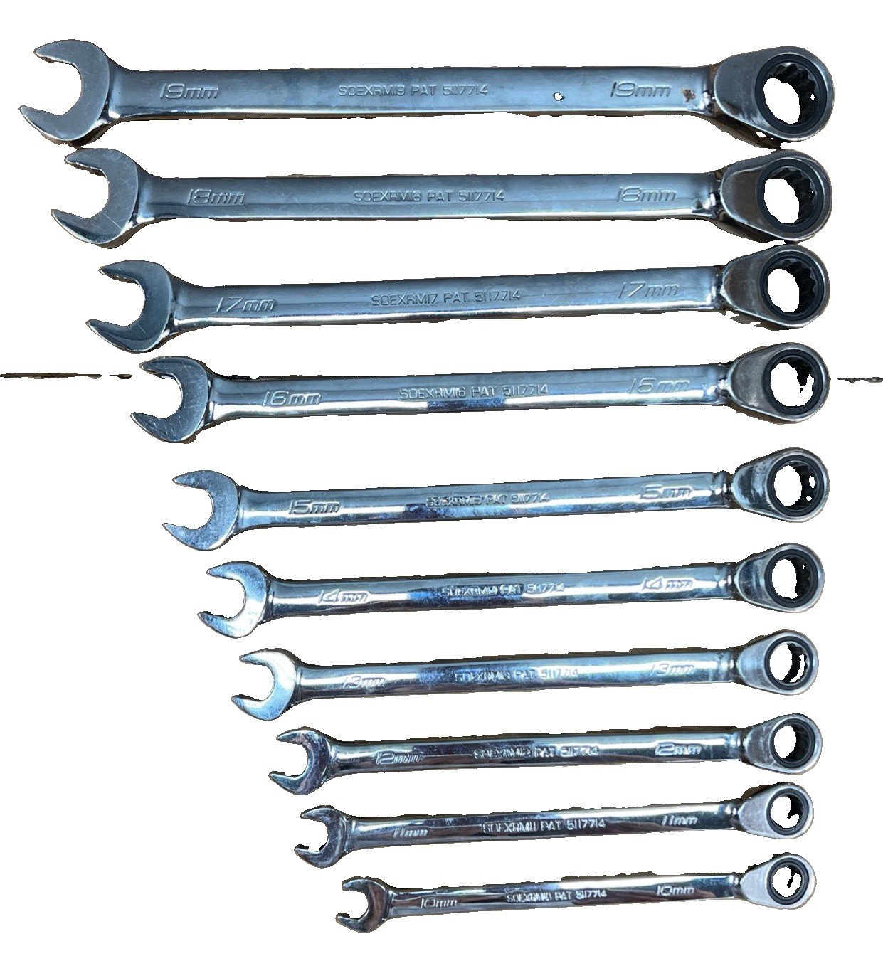 Snap On 10 pc Metric Flank Plus Ratching Reversible Wrench Set Combination 19-10 Snap On 10 pc Metric Flank Plus Ratching Reversible Wrench Set Combination 19-10