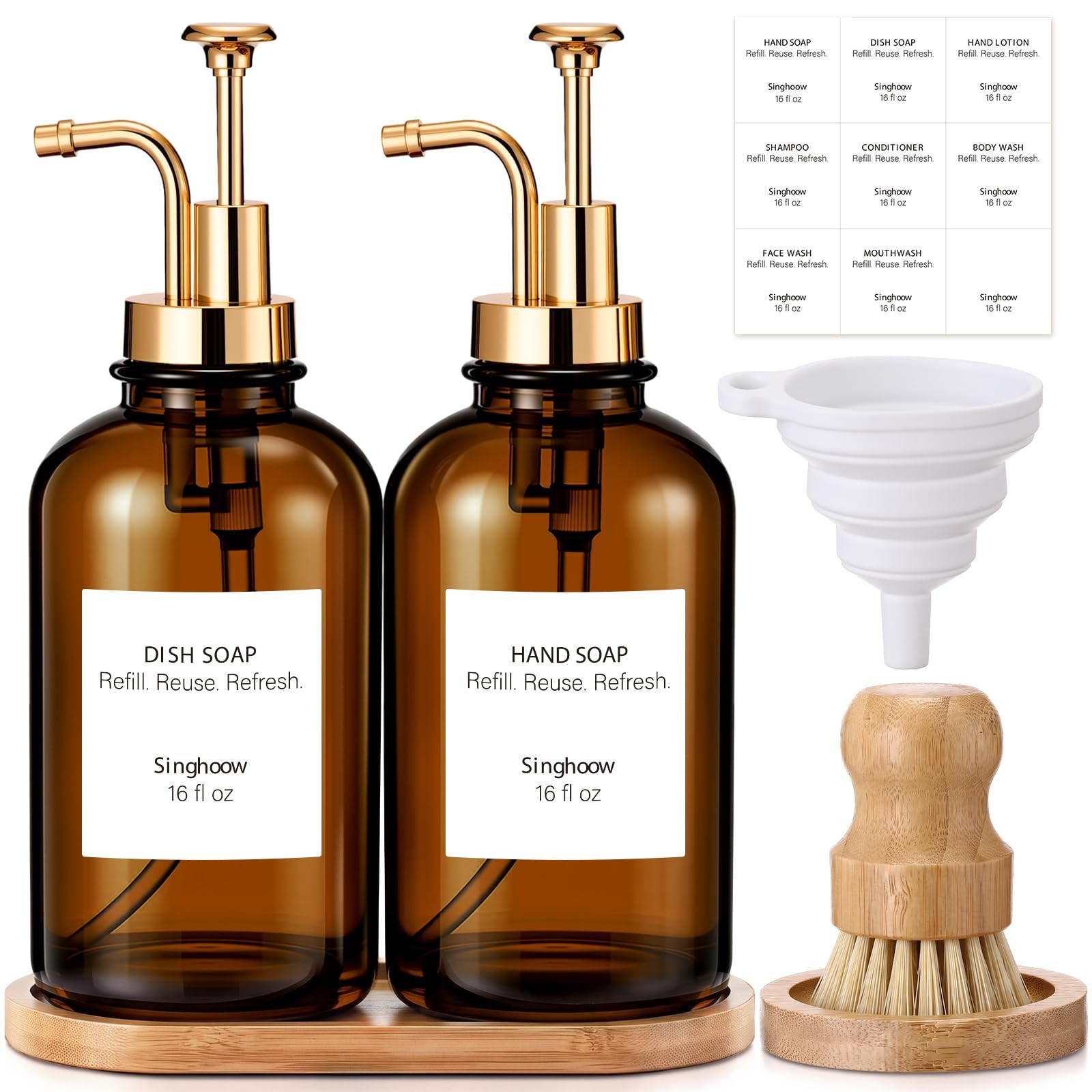 Singhoow 10 Pcs Kitchen Soap Dispenser Set, 17oz Glass Bottle, Amber Gold
