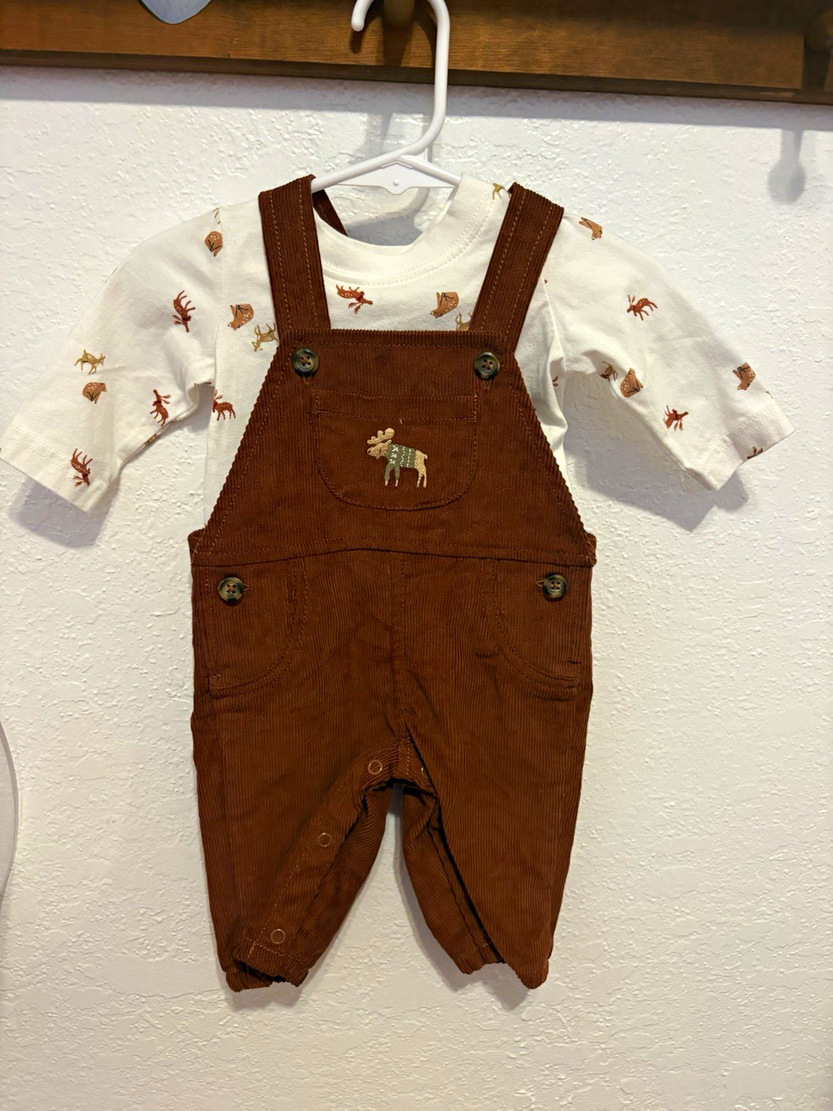 Carter\'s Just One You 0-3M 2pc Corduroy Overalls + LS Animal Shirt Brown
