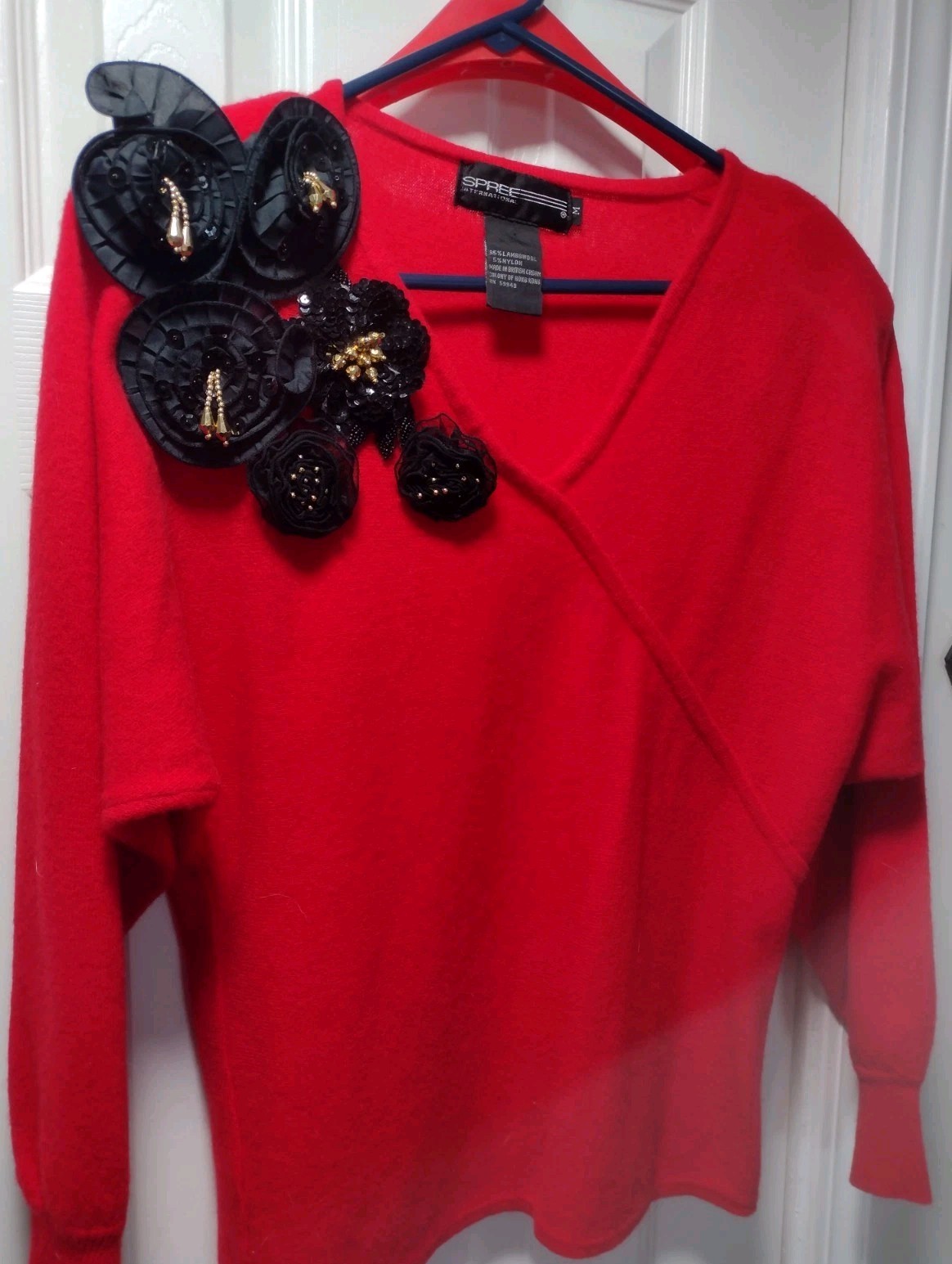 Vtg 80s SPREE INTERNATIONAL Red Black Appliques Flowers  Sequins MCM Look Sz M 