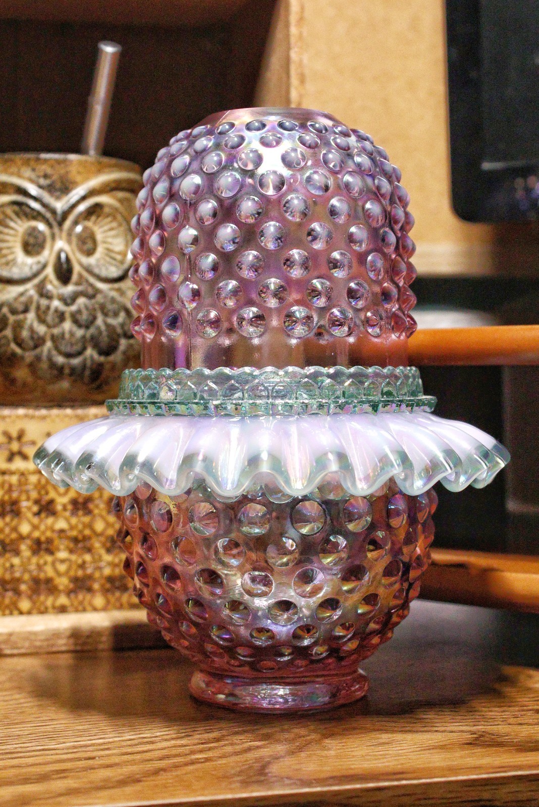Fenton Hobnail 3 Piece Fairy Lamp Rose Magnolia & Sea Mist Green Shelley Fenton