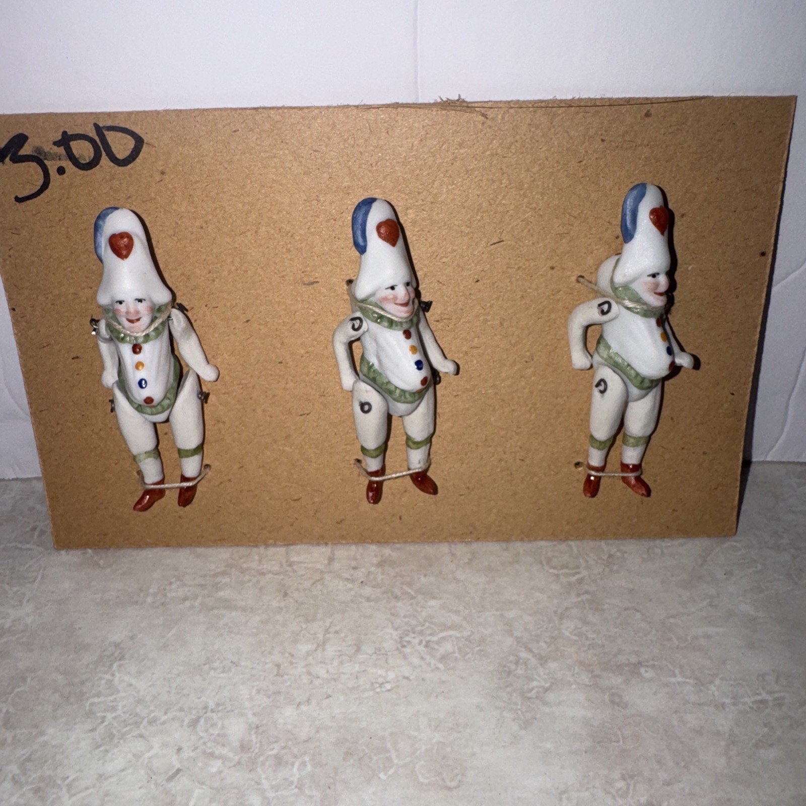 3 Antique Clowns On card Hertwig & Co