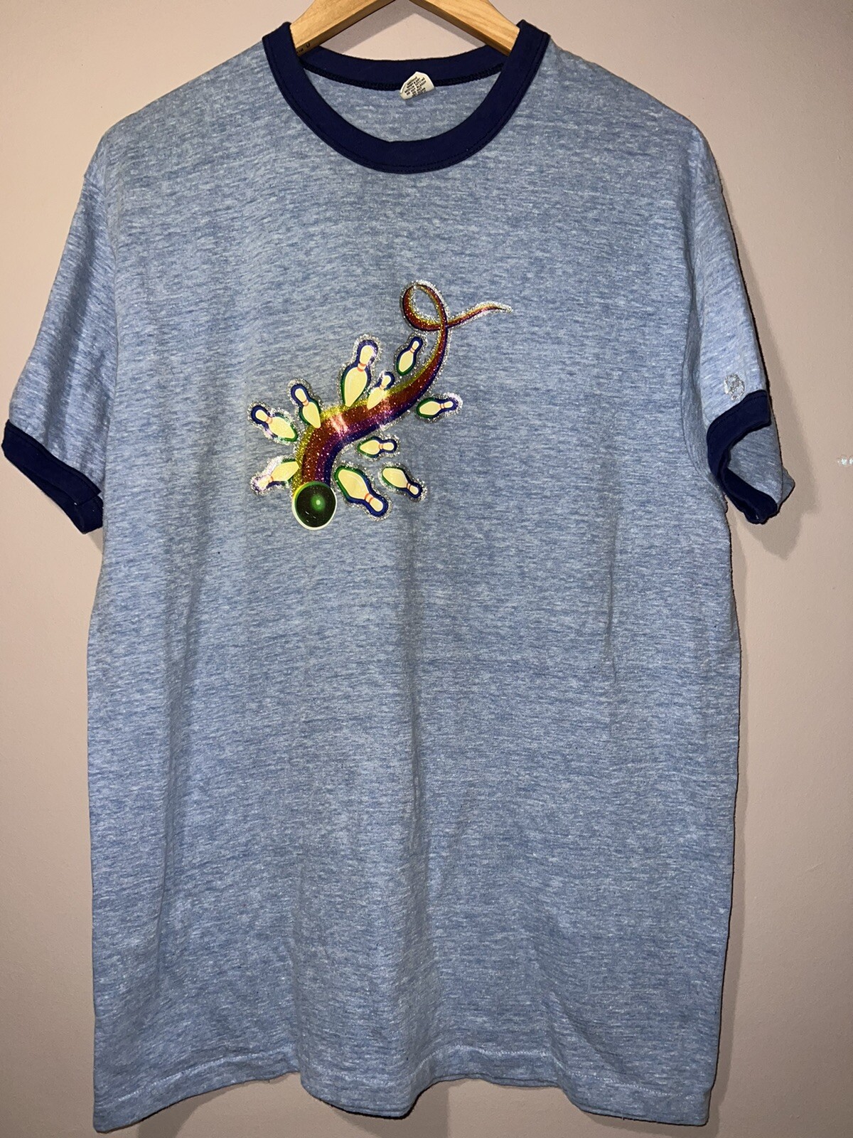 VINTAGE 1980\'s BOWLING IRON ON RINGER SHIRT XL DAFFY DANS