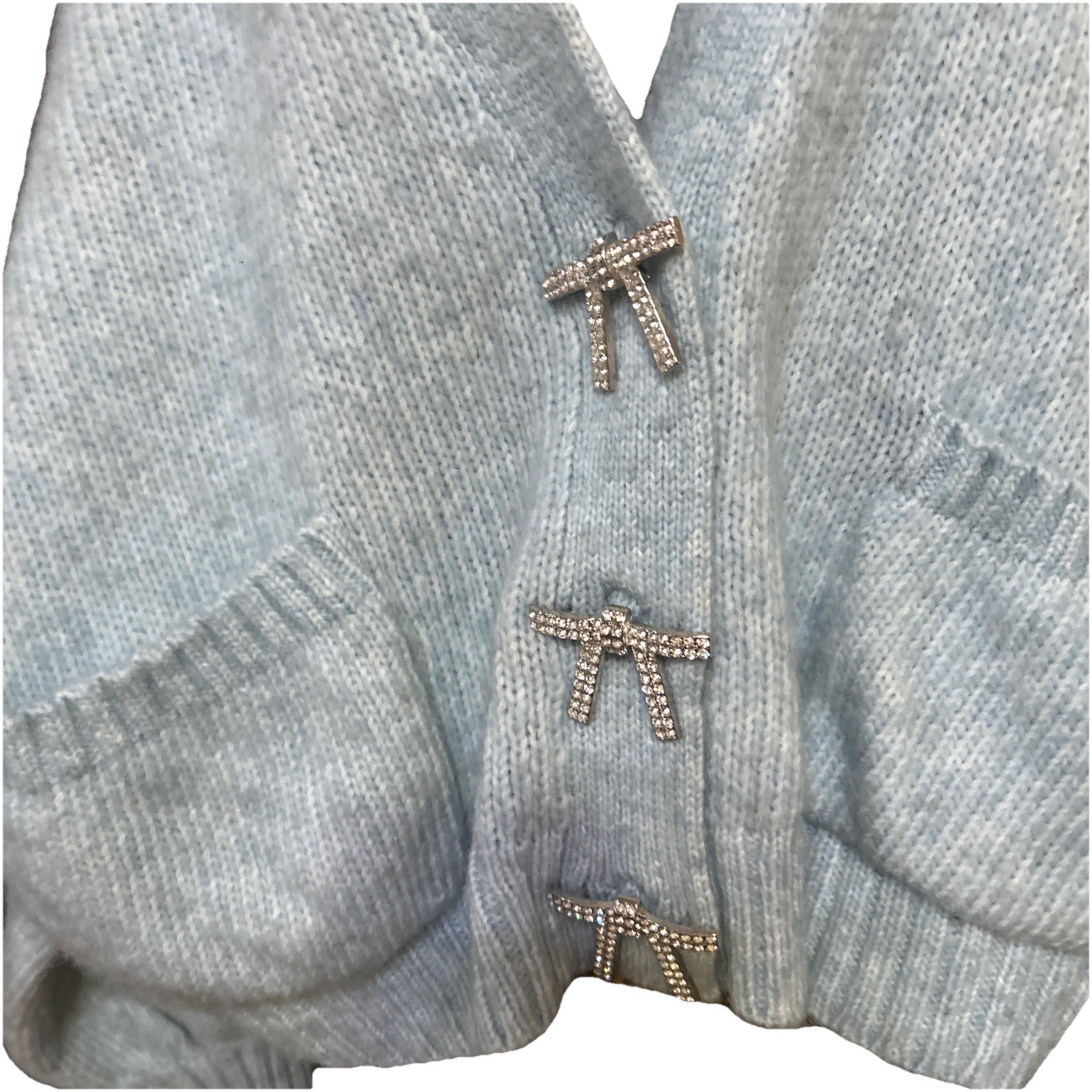 Zara Sweater Rhinestone Bow Buttons Blogger’s Fav Blue Cardigan Medium Lg