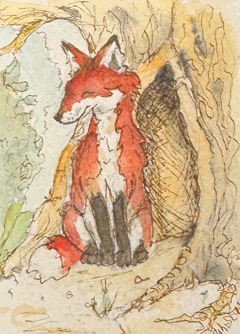 Origional Watercolor ACEO Fox outside their den signed by artist Edith Schmidt Origional Watercolor ACEO Fox outside their den signed by artist Edith Schmidt