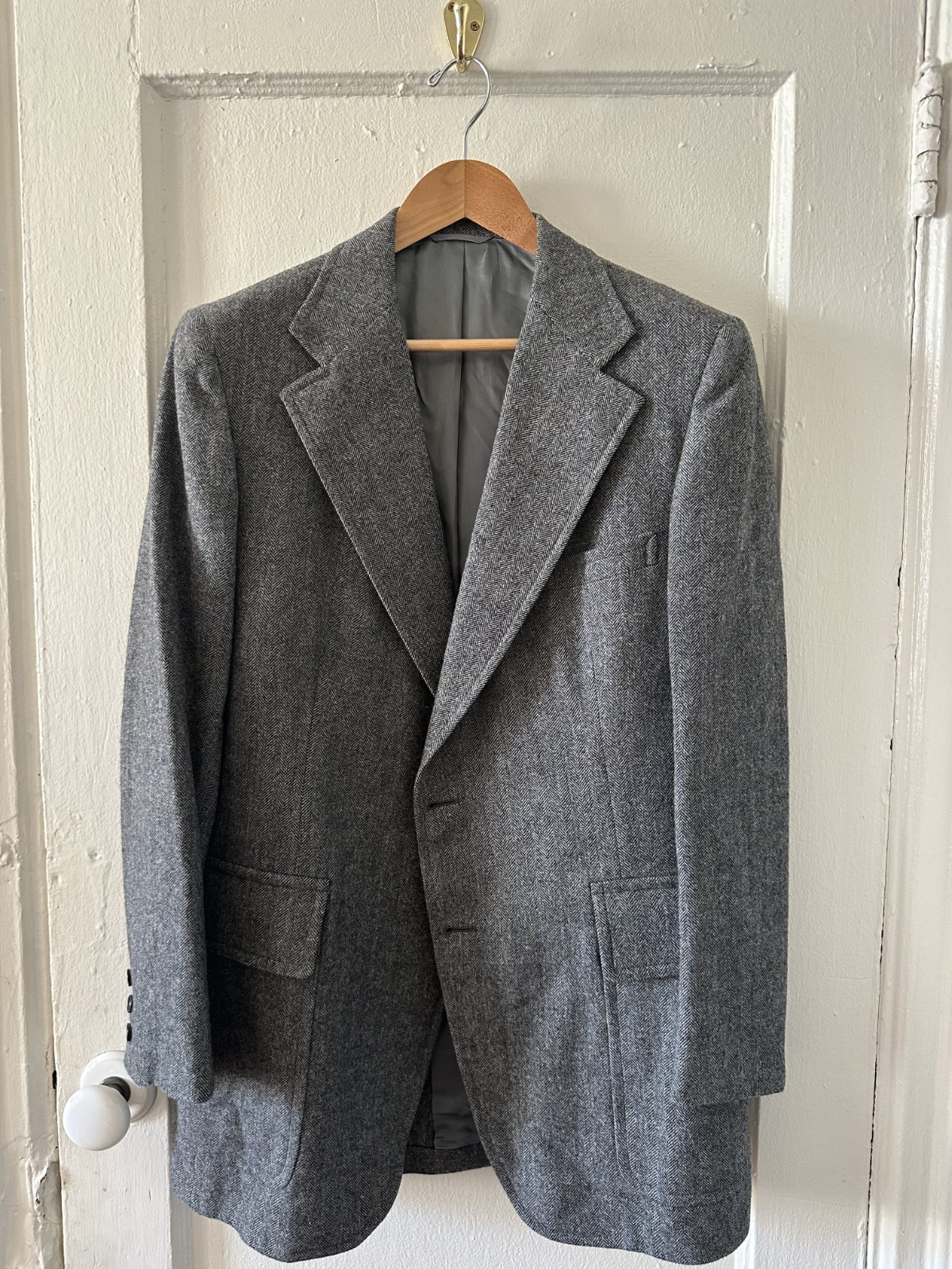 Vintage Norman Hilton 1970s Gray Wool Herringbone Sport Coat Jacket 40L 42L USA
