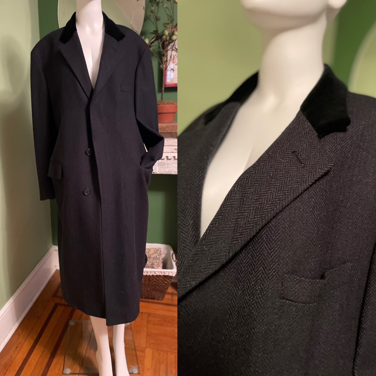 Vtg 100% Wool Lux Long Over Coat by FILLINGS 42R Steel Gray Satin 40s ~ 50s M/L