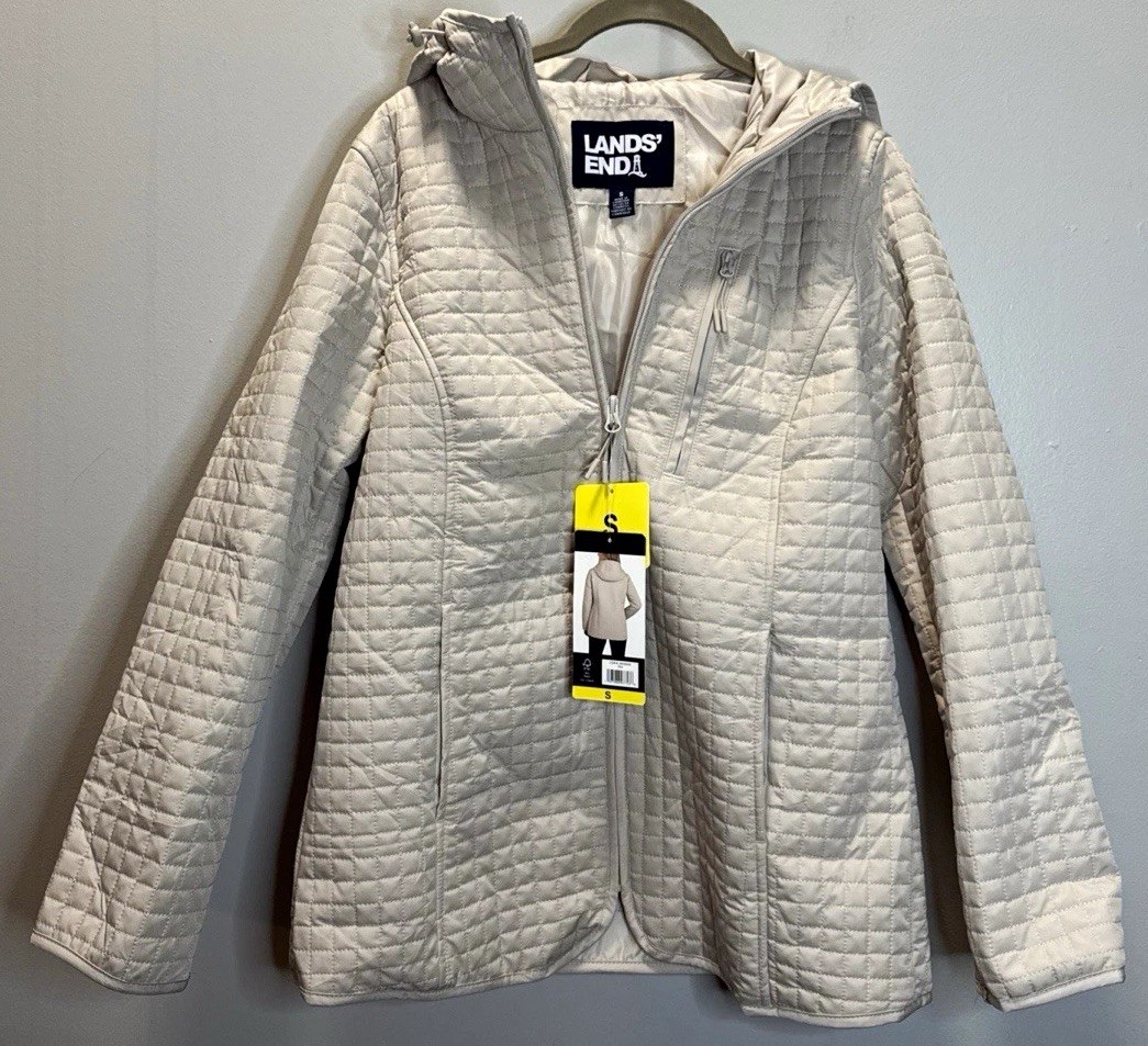 Lands\' End Quilted Hooded Full Zip Jacket Women’s Size Small Beige Solid Lined Lands\' End Quilted Hooded Full Zip Jacket Women’s Size Small Beige Solid Lined