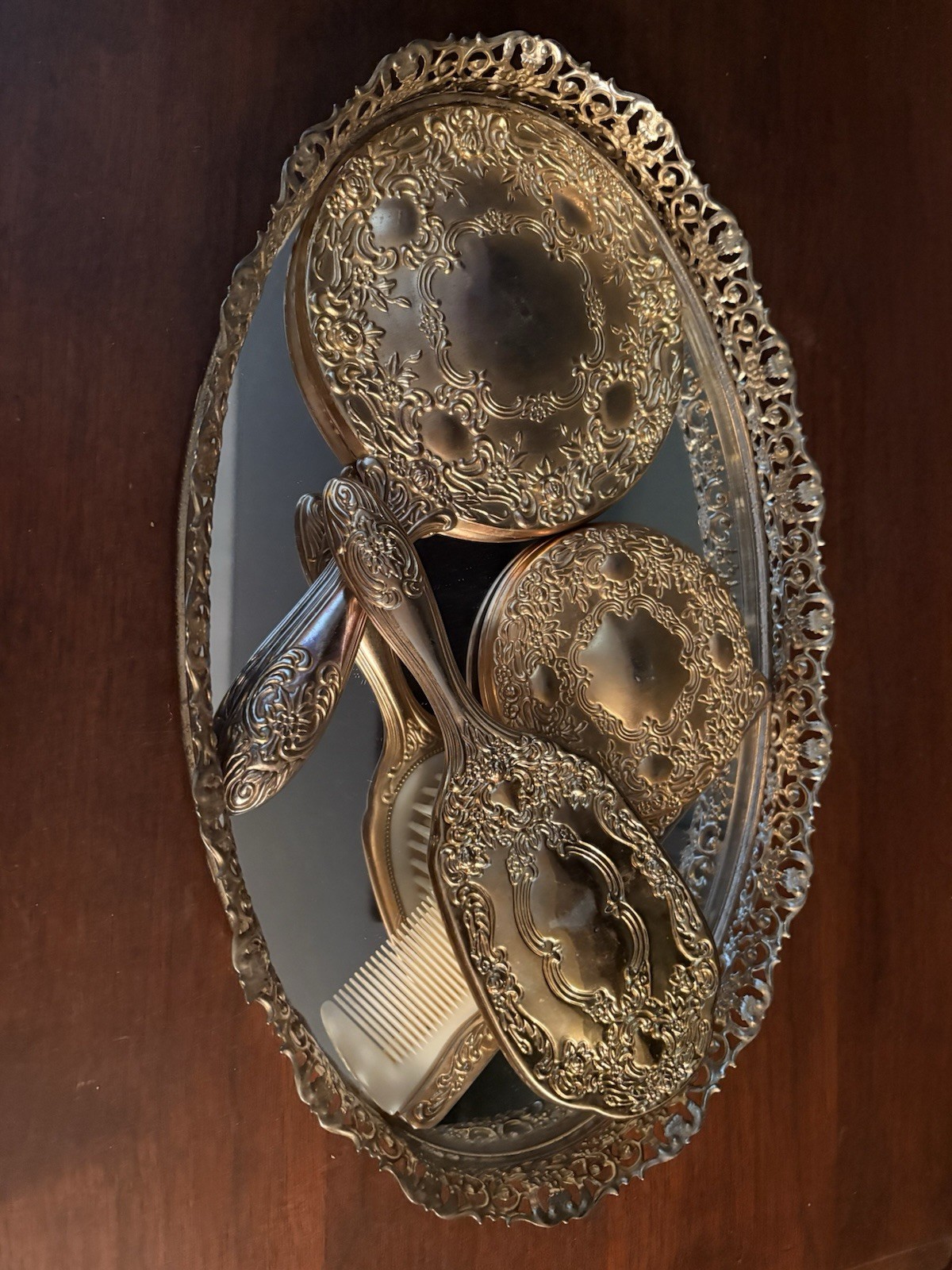Vintage Ornate Gold-Tone rare Vanity Set w/ Hand Mirror, Brush, Comb & Oval Tray Vintage Ornate Gold-Tone rare Vanity Set w/ Hand Mirror, Brush, Comb & Oval Tray