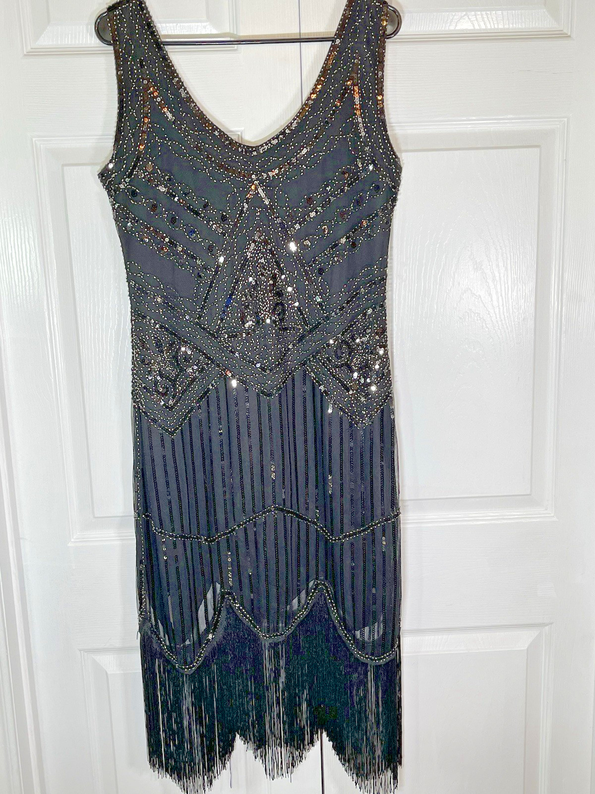Fundaisy Black Art Deco Dress - Large Black Beaded Fringe Gown Fundaisy Black Art Deco Dress - Large Black Beaded Fringe Gown