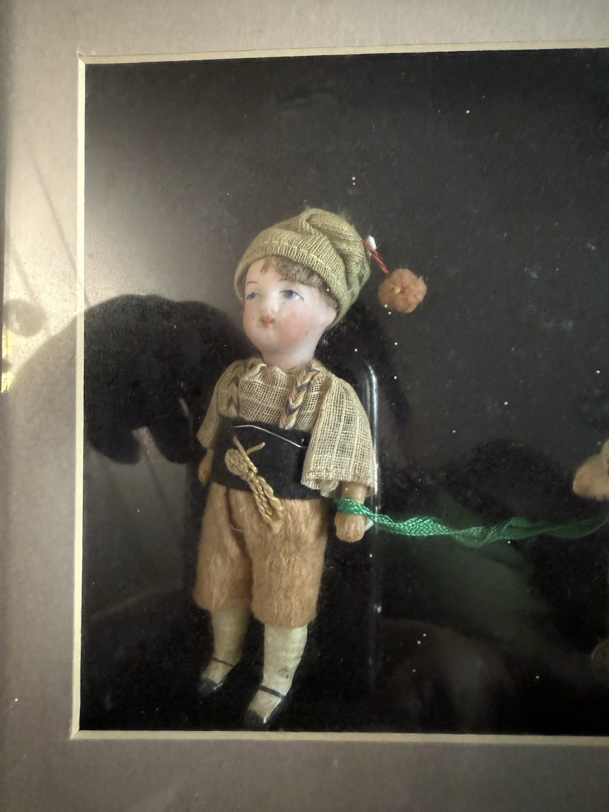 German Doll With A German Little Lamb On Wheels Framed Antique
