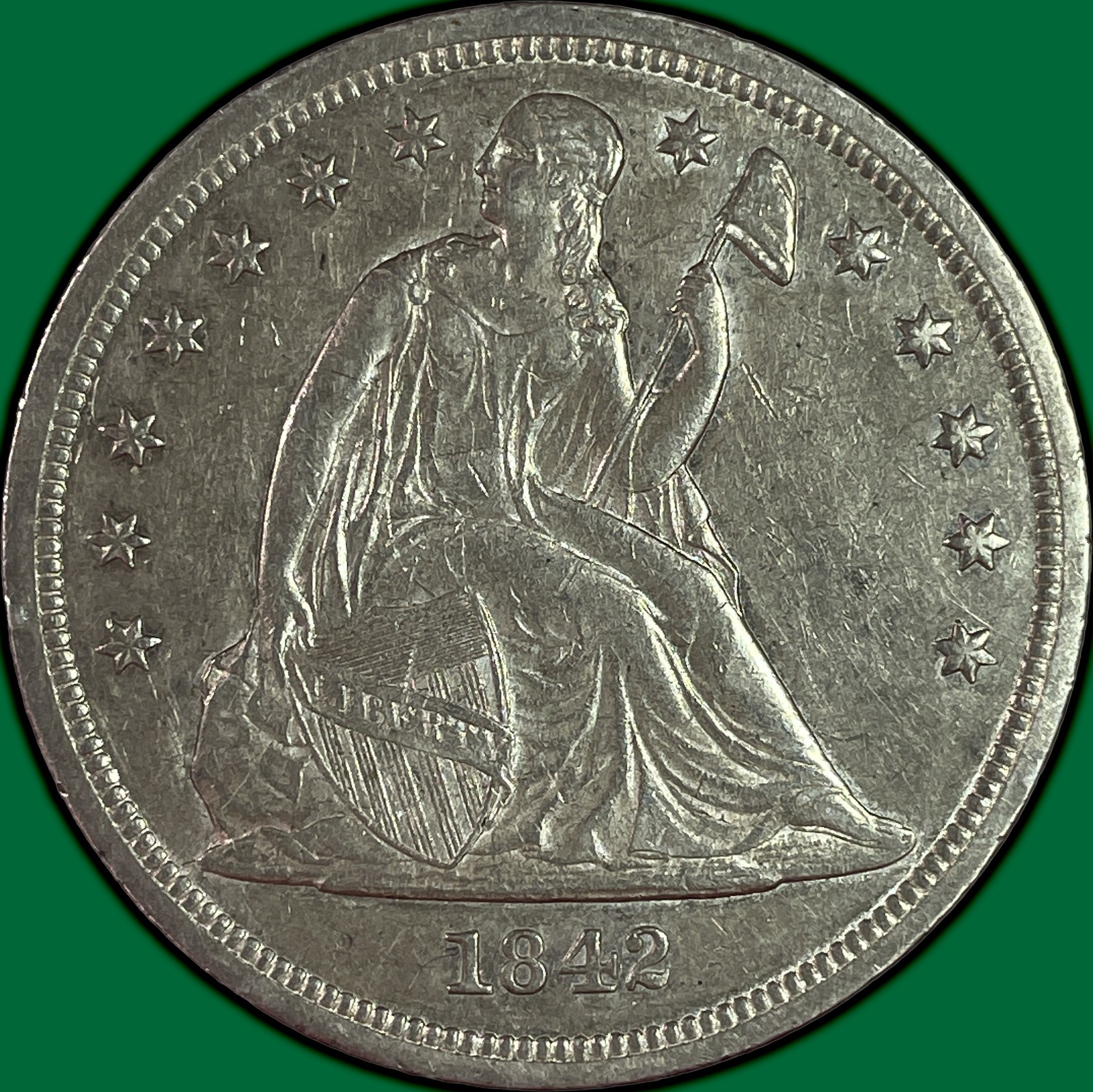 1842 Seated Liberty Dollar Almost Uncirculated AU Coin #45195