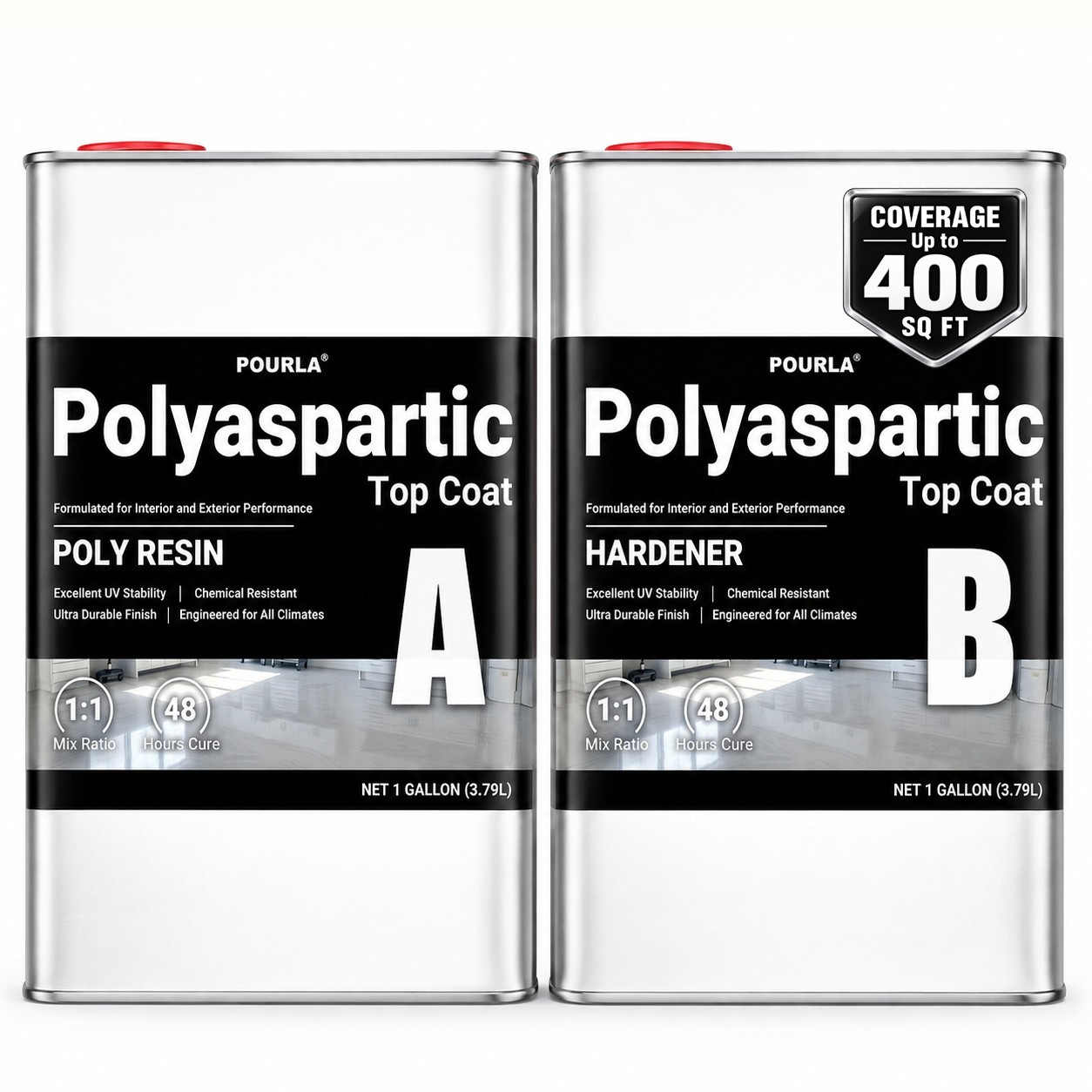 POURLA UltraShield Polyaspartic Floor Coating Kit, Clear Top Coat, 2 Gallon Kit