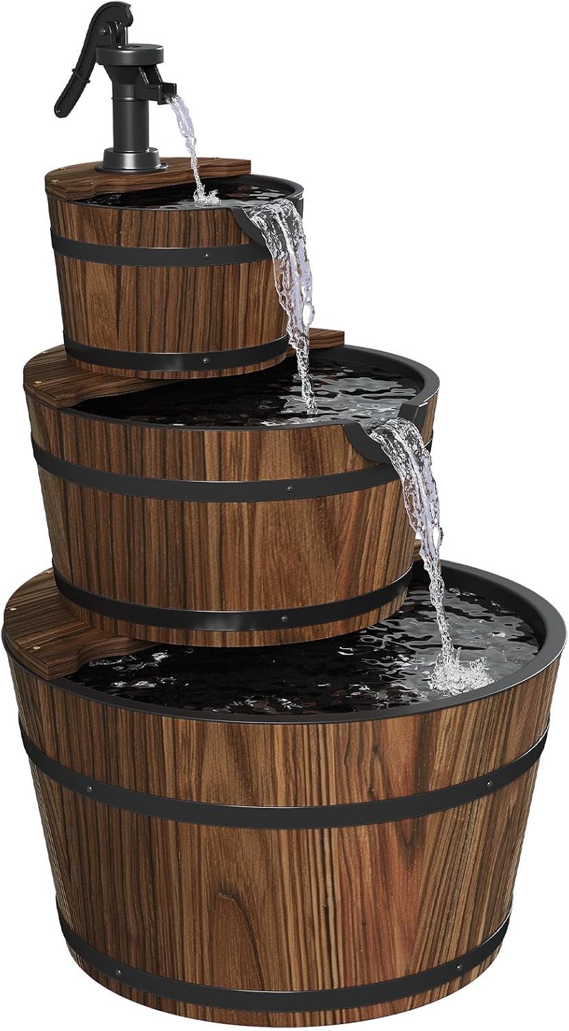 3-Tier Outdoor Water Fountain Wood Barrel Cascading with Electric Hand Pump