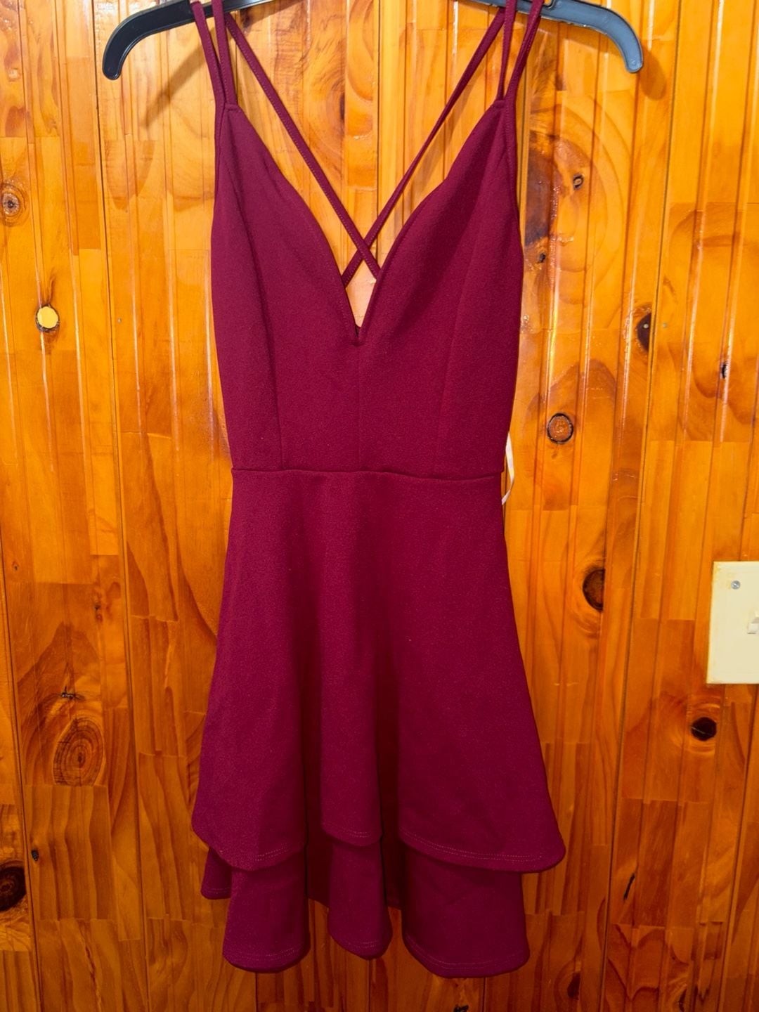 Rue21 Burgundy Skater Mini Dress Size L 12-14 Criss Cross Straps Rue21 Burgundy Skater Mini Dress Size L 12-14 Criss Cross Straps