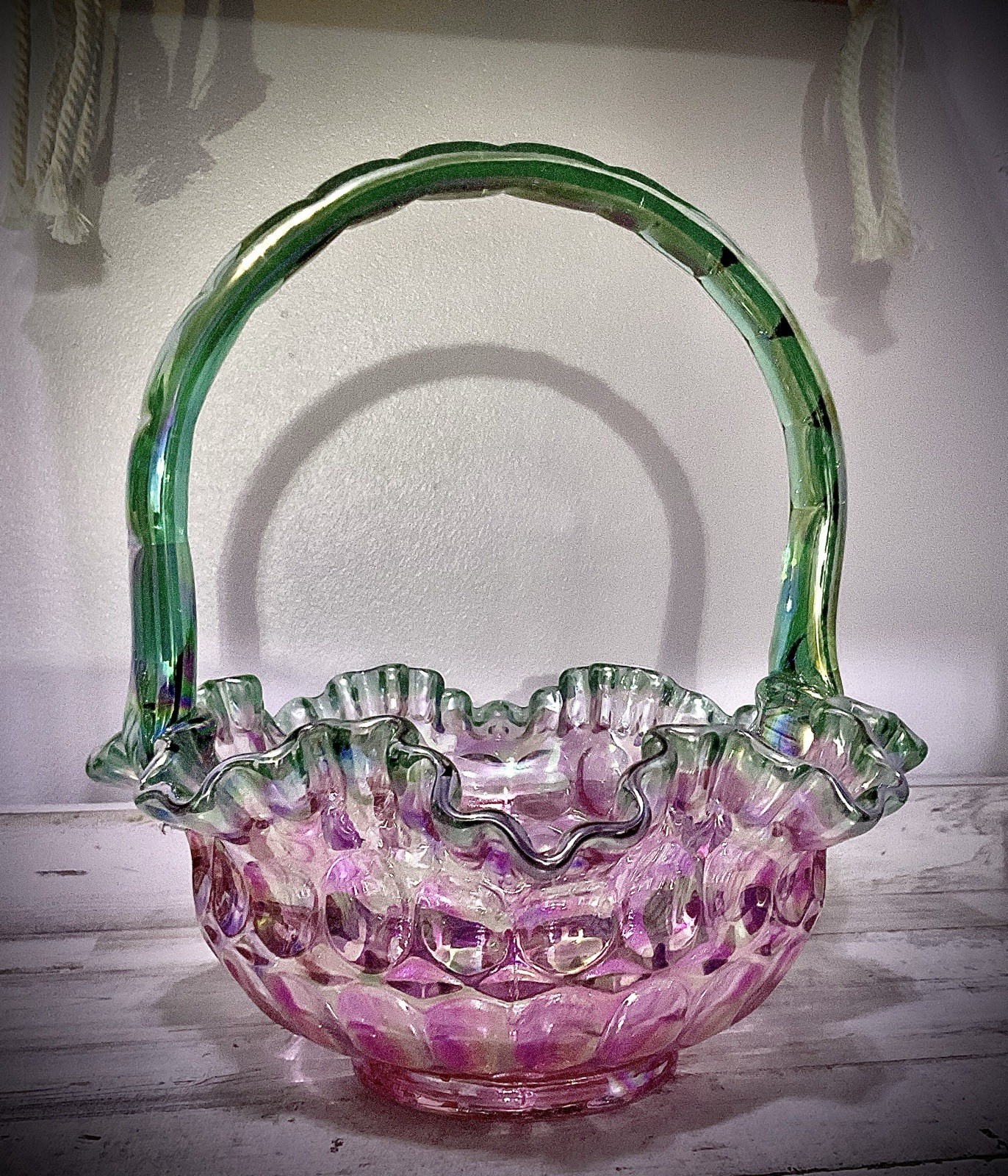 FENTON Iridescent Rose Magnolia and Sea Green Glass basket 9x8x8in - SIGNED