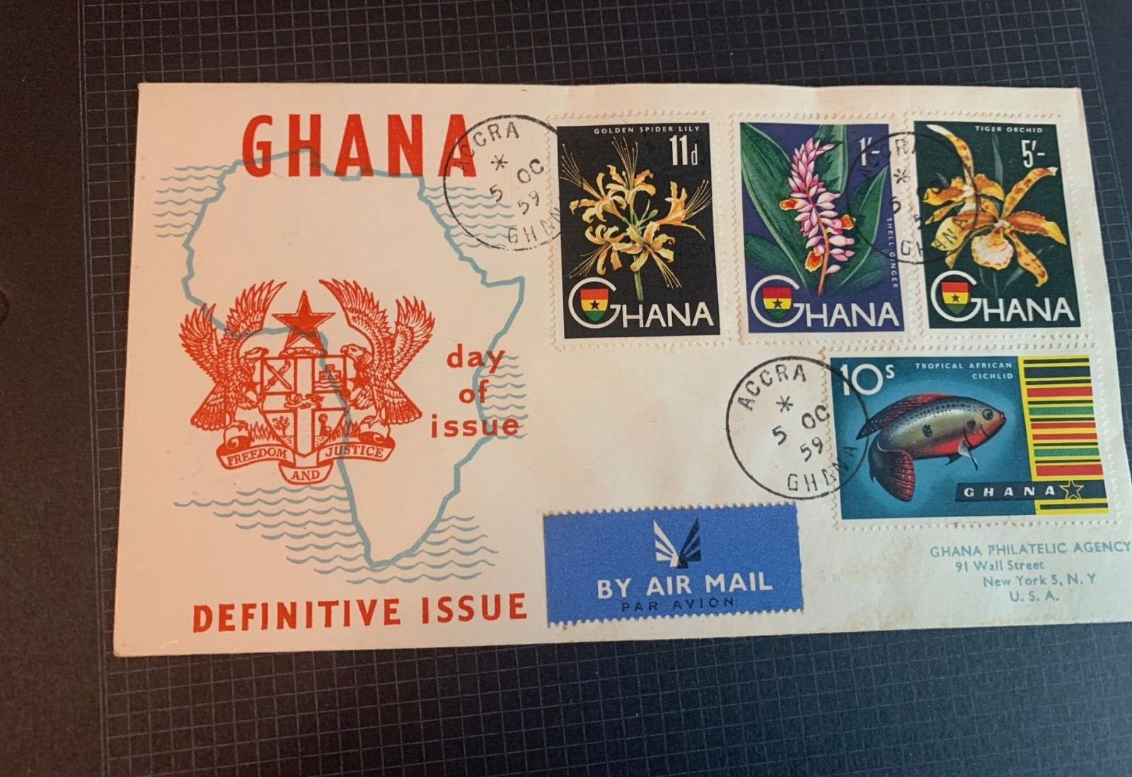 Ghana 1959 Definitive Issue, FDC By Air Mail 10/08/1959 Posted NY Wall Street