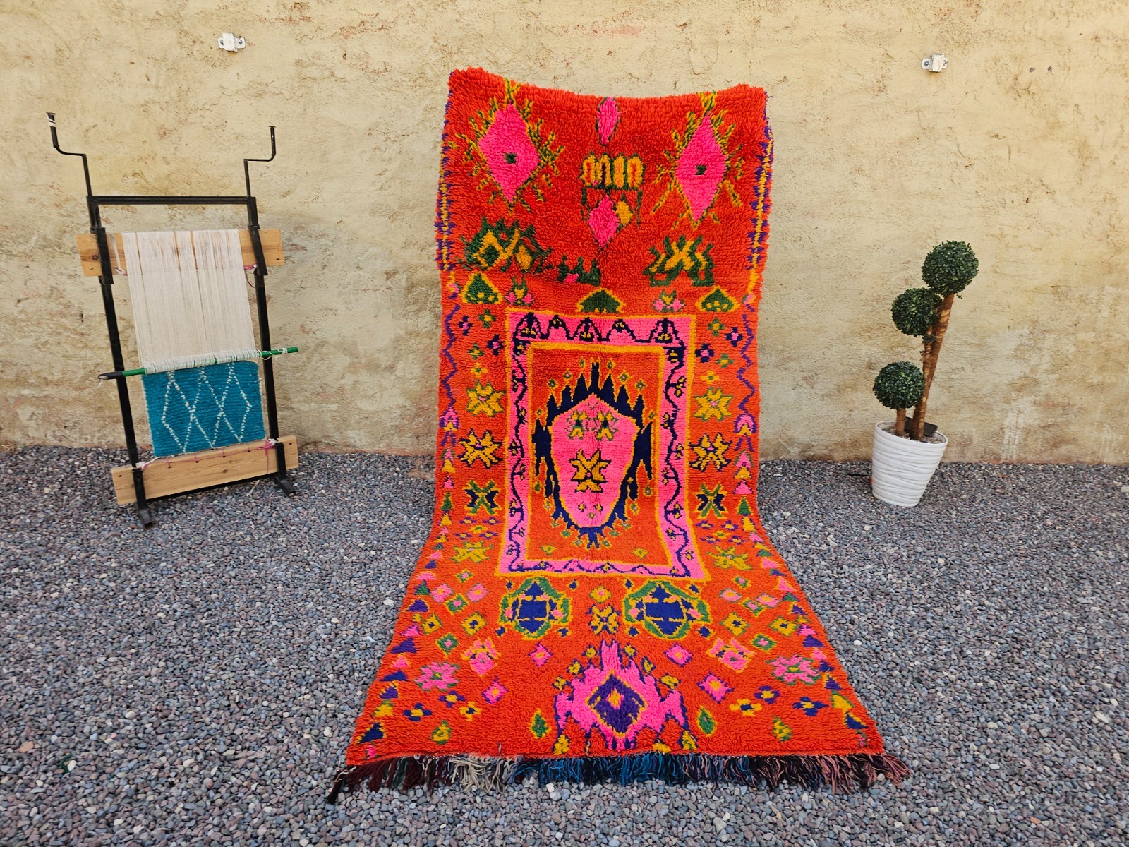 Vintage Moroccan Boujad Rug Orange Pink Tribal Handmade Wool Boho Area Rug